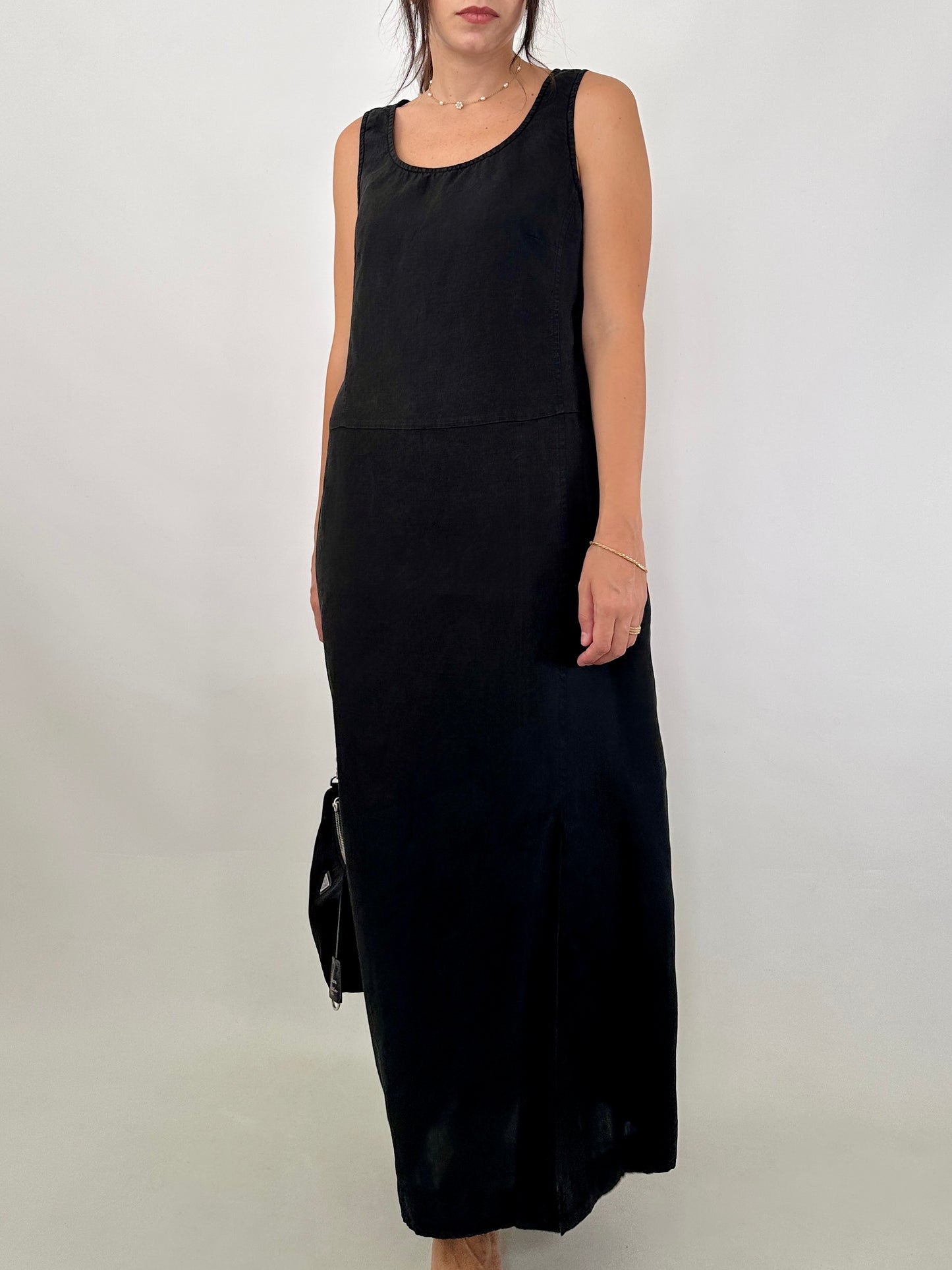 Pure linen maxi black dress