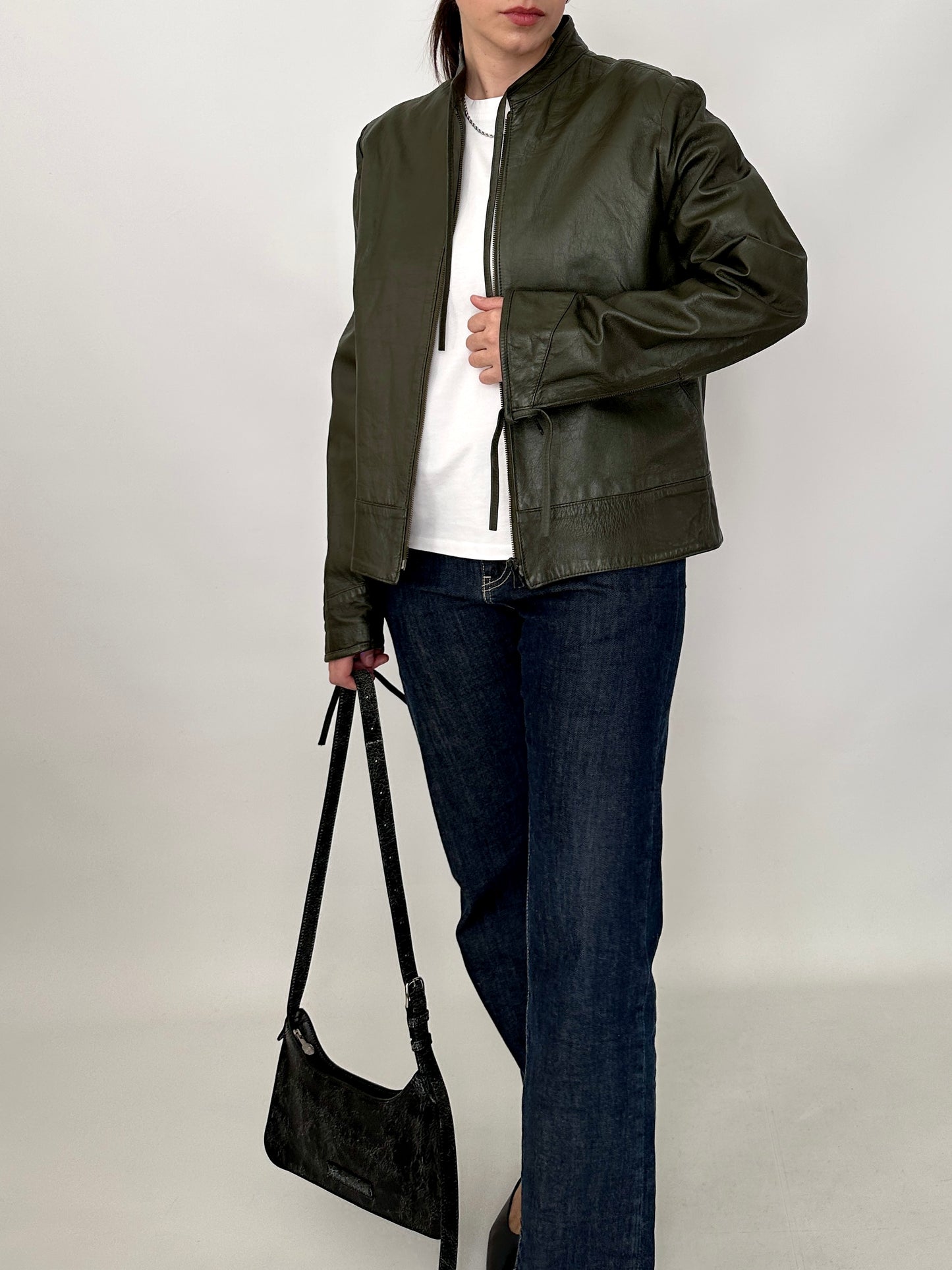 Bow detail vintage green leather jacket