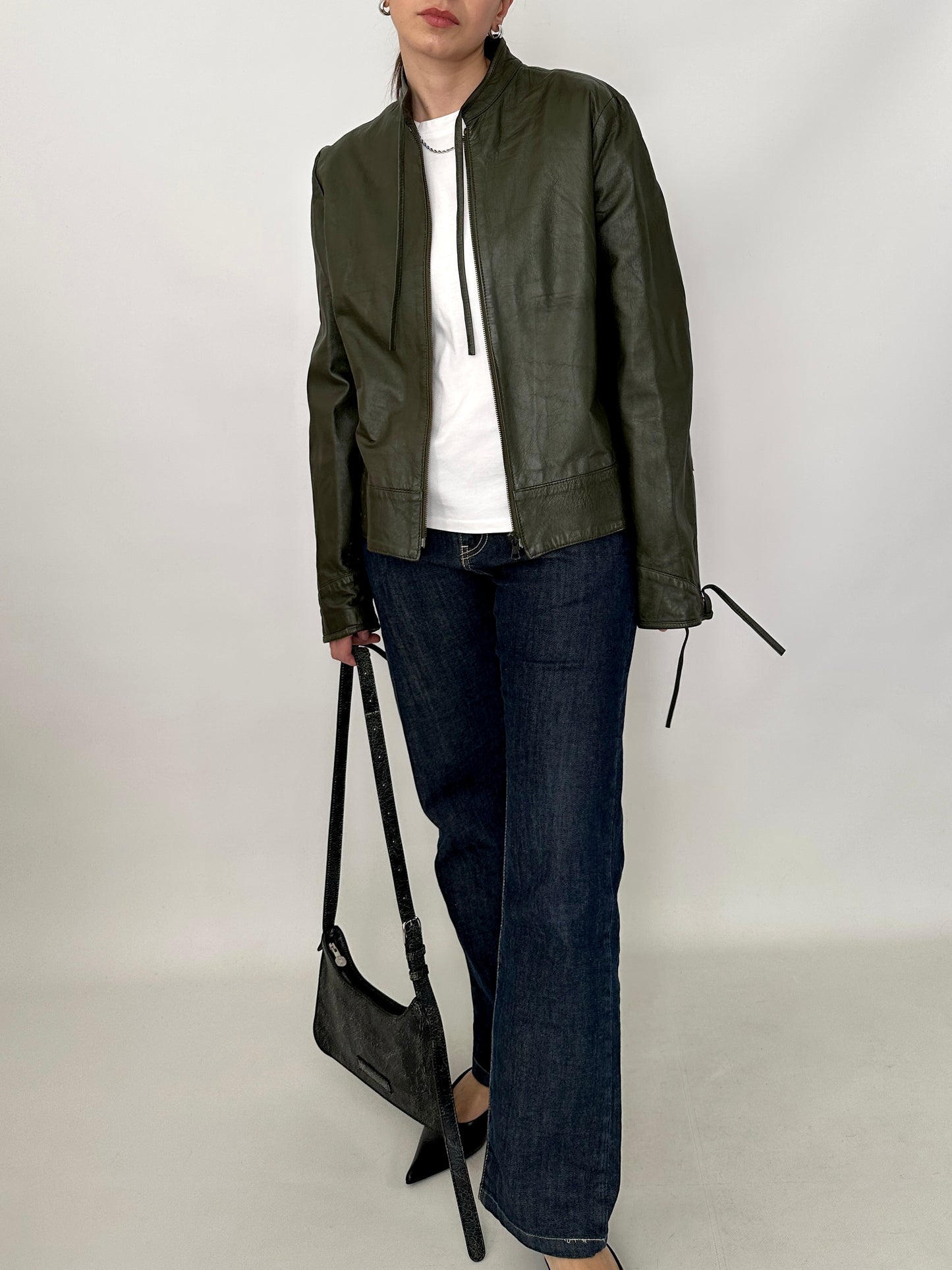 Bow detail vintage green leather jacket