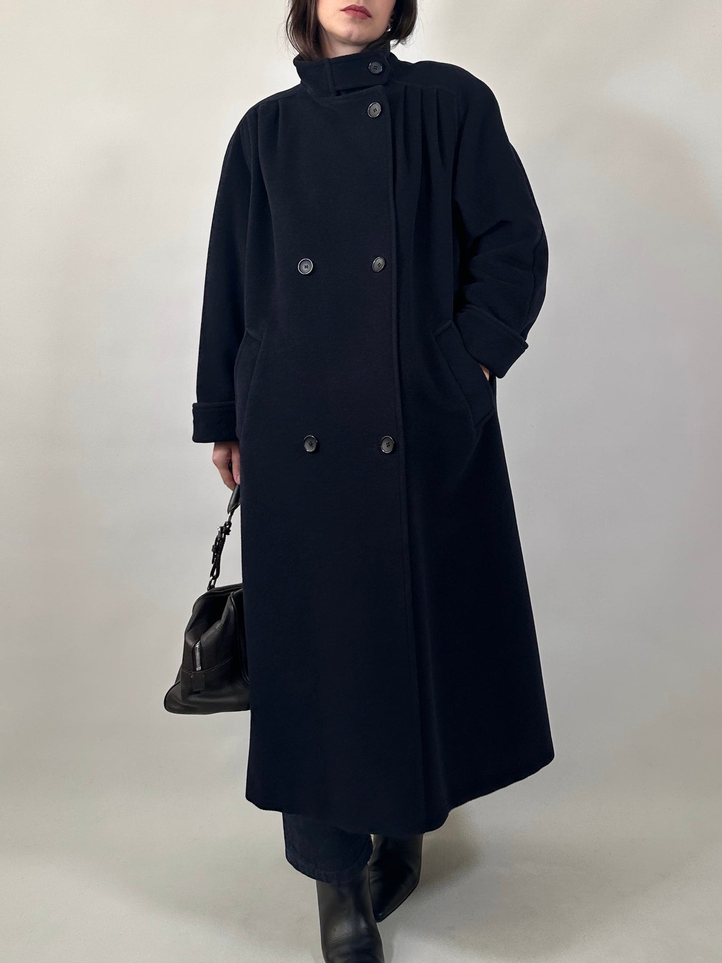 Vintage Long Blue Coat with Pleated Shoulder Detail