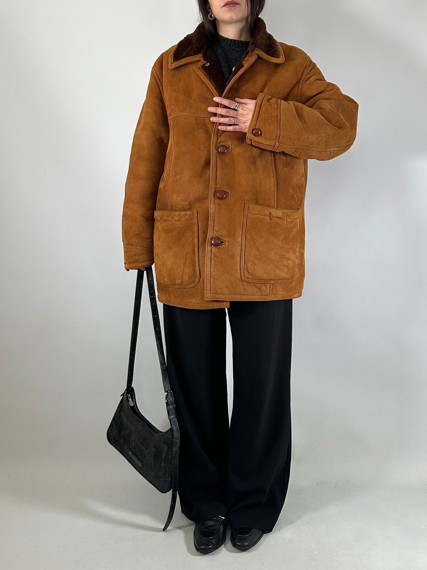 Vintage shearling coat in soft suede leather