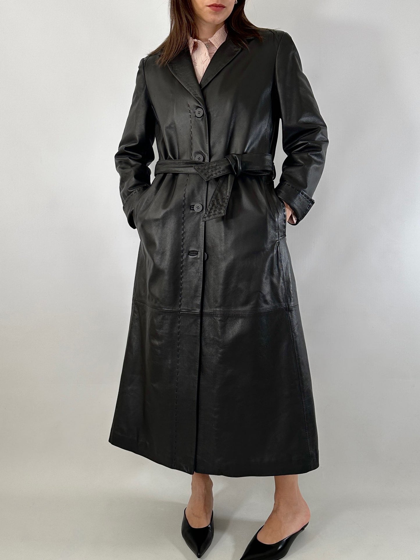 Extra-long nappa leather vintage trench coat