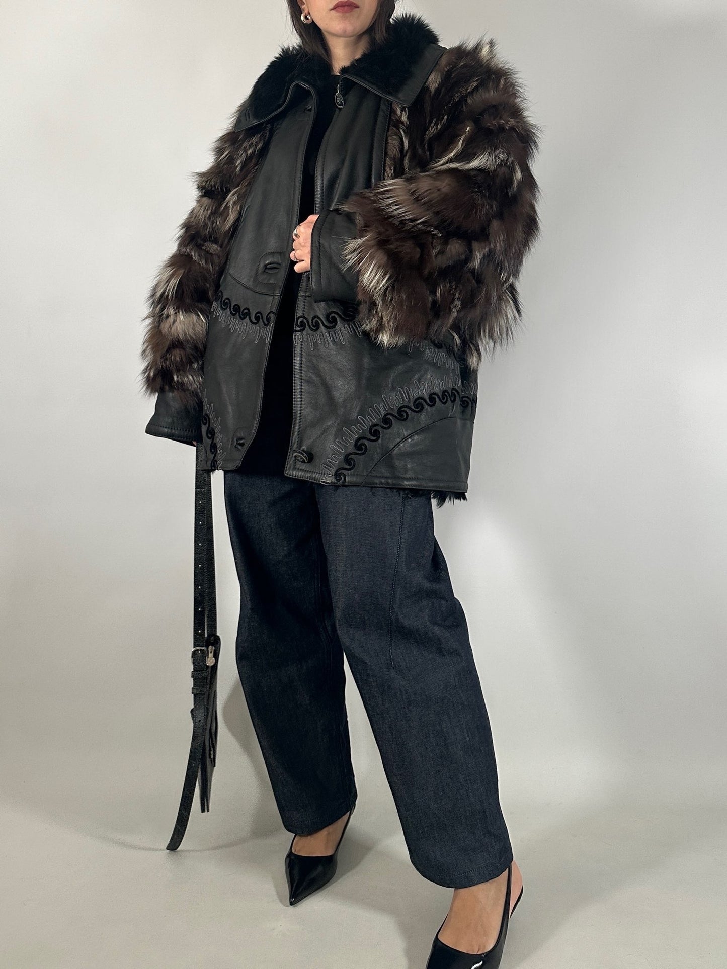 Embroidered Shearling Jacket with Fur Sleeves