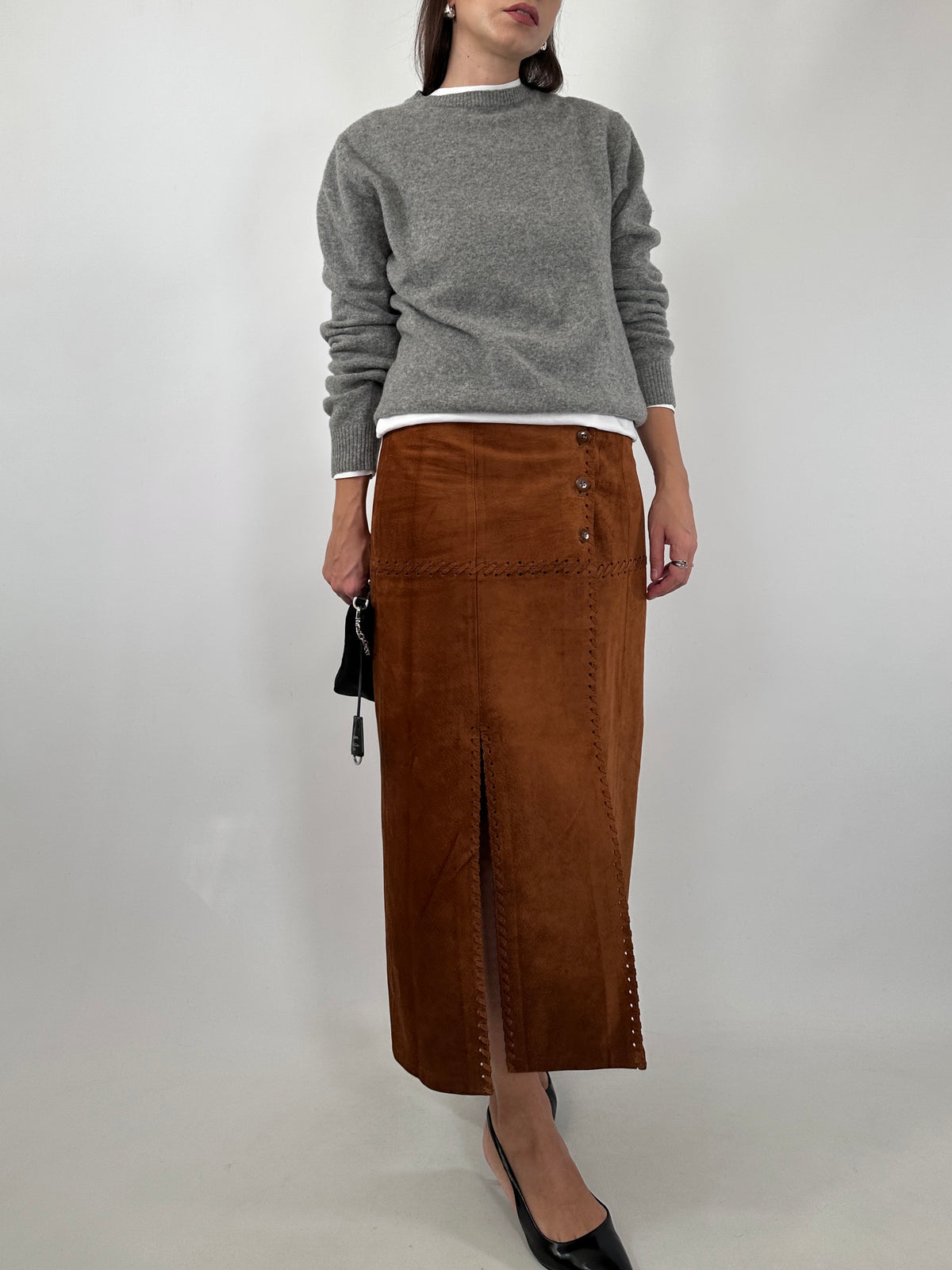 Suede Double Slit Midi Skirt