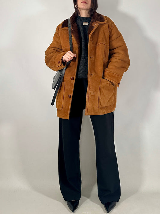 Vintage shearling coat in soft suede leather