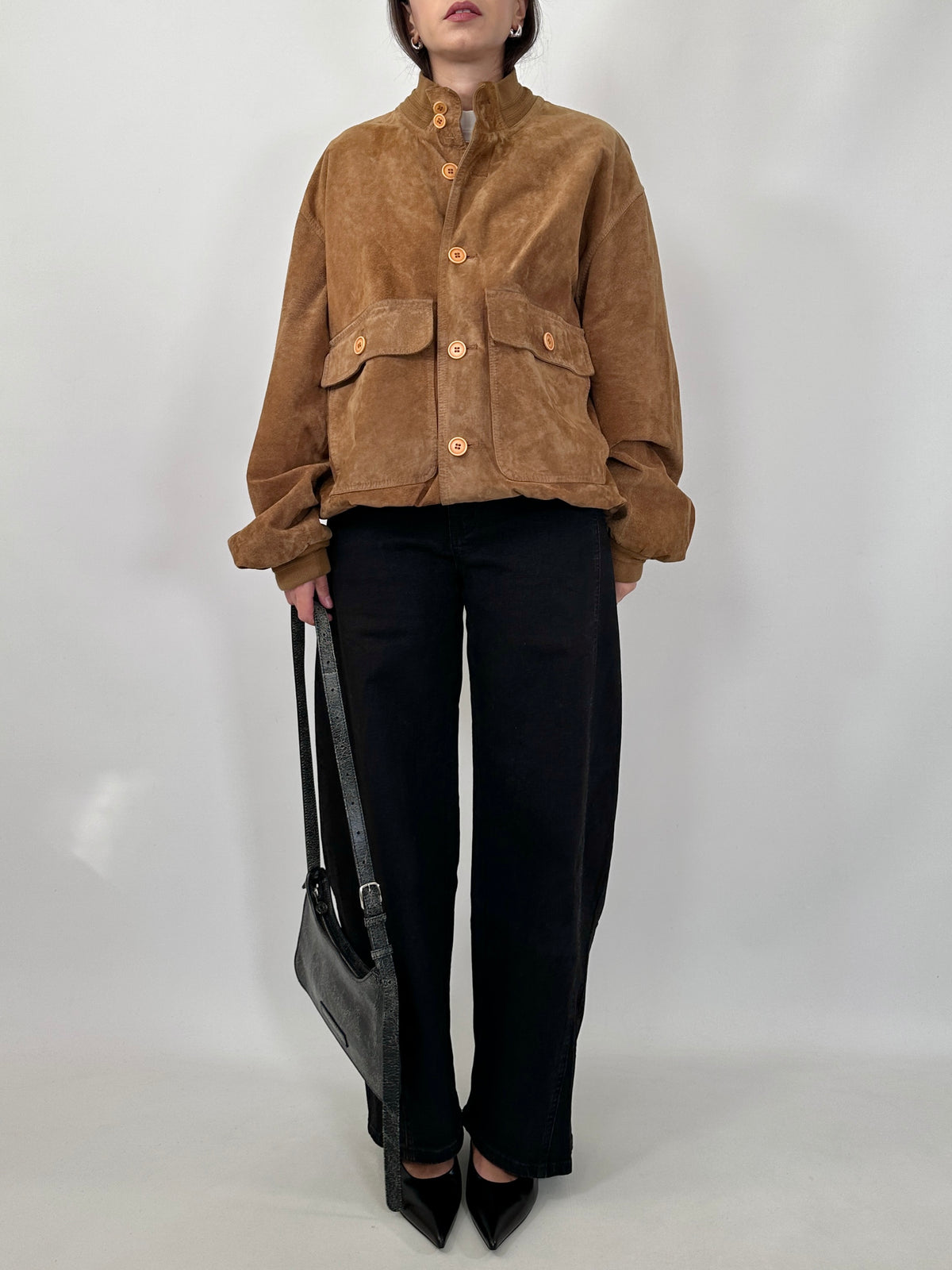 Cognac Suede Bomber Jacket