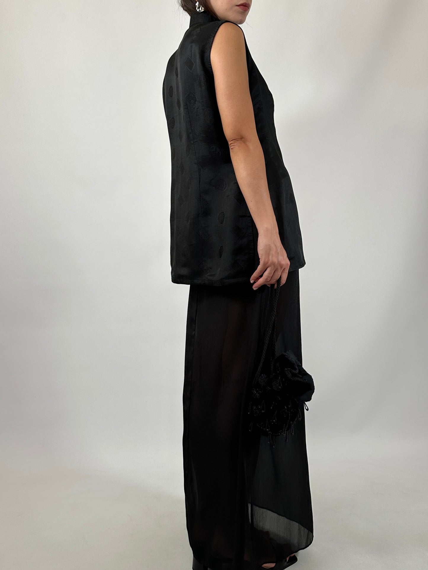 Black Silk Jacquard Frog Closure Blouse