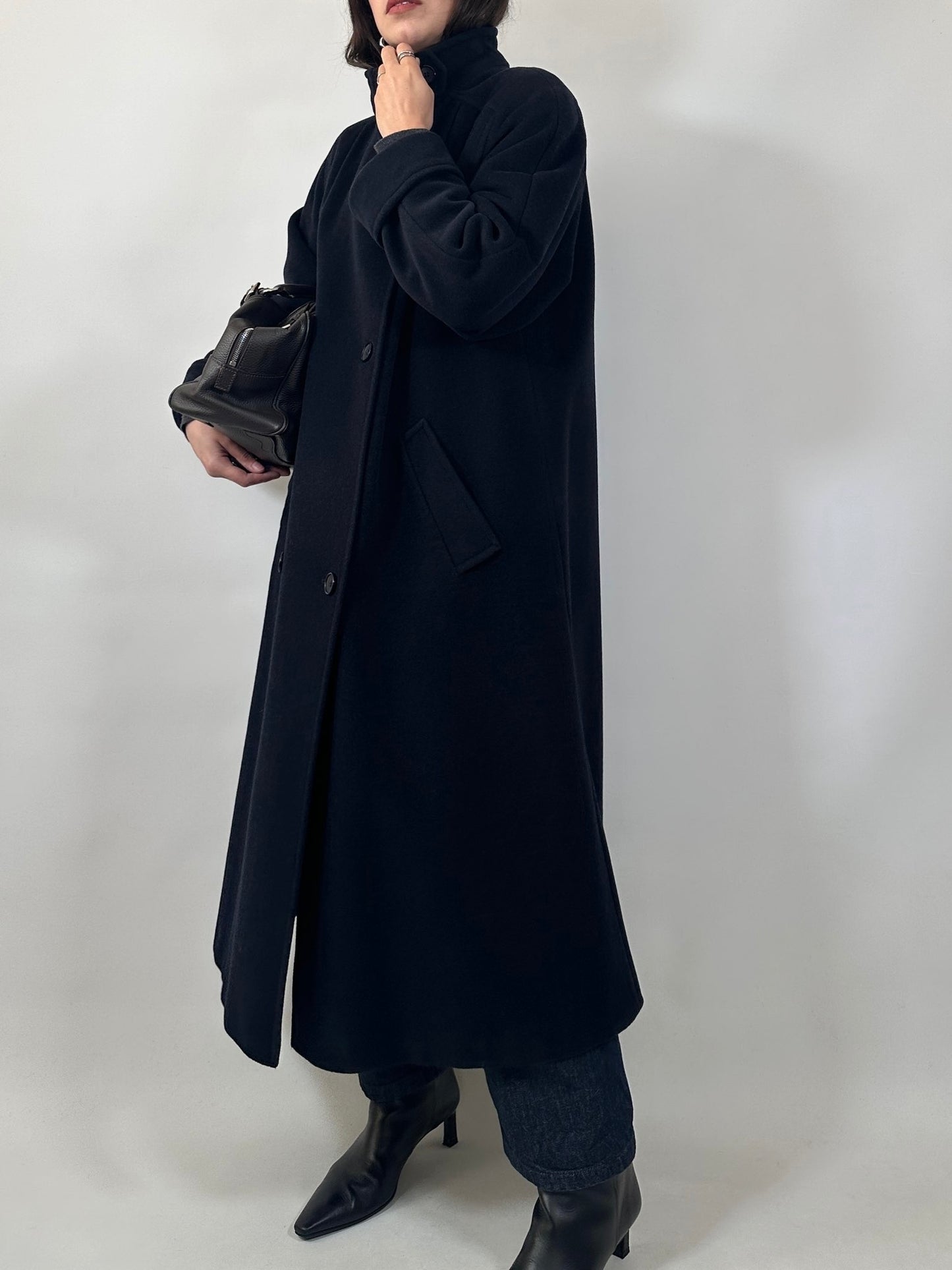 Vintage Long Blue Coat with Pleated Shoulder Detail
