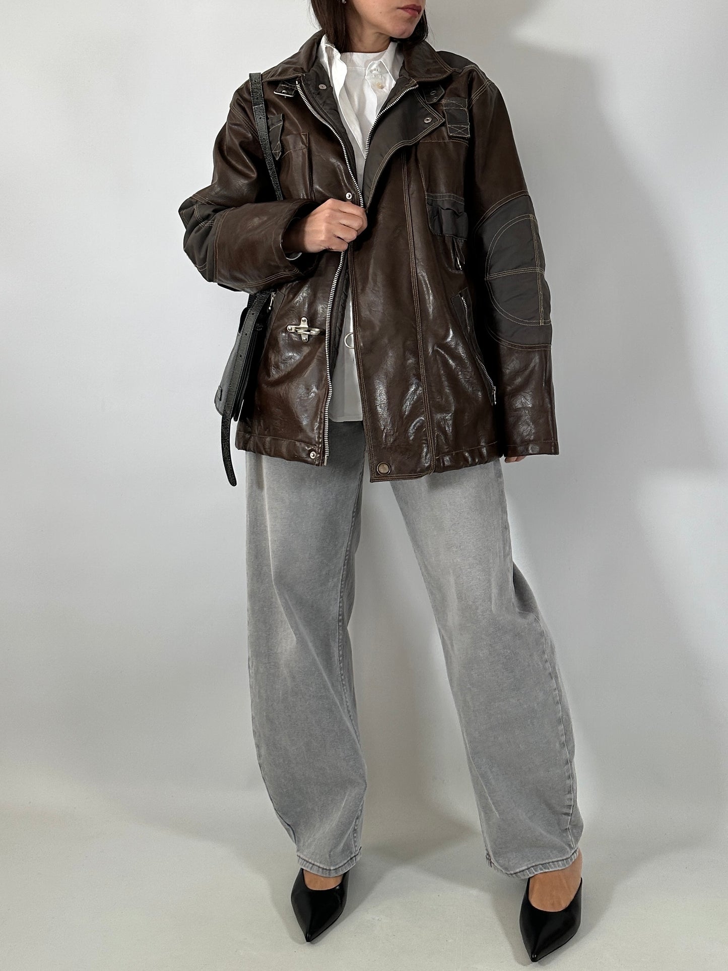 Vintage utility leather and nylon jacket