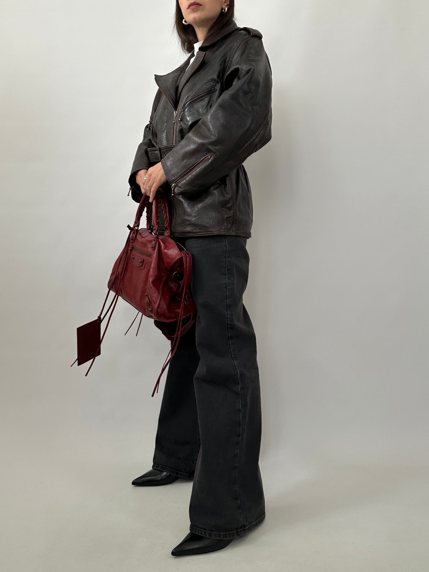 Vintage Dark Brown Leather Belted Jacket