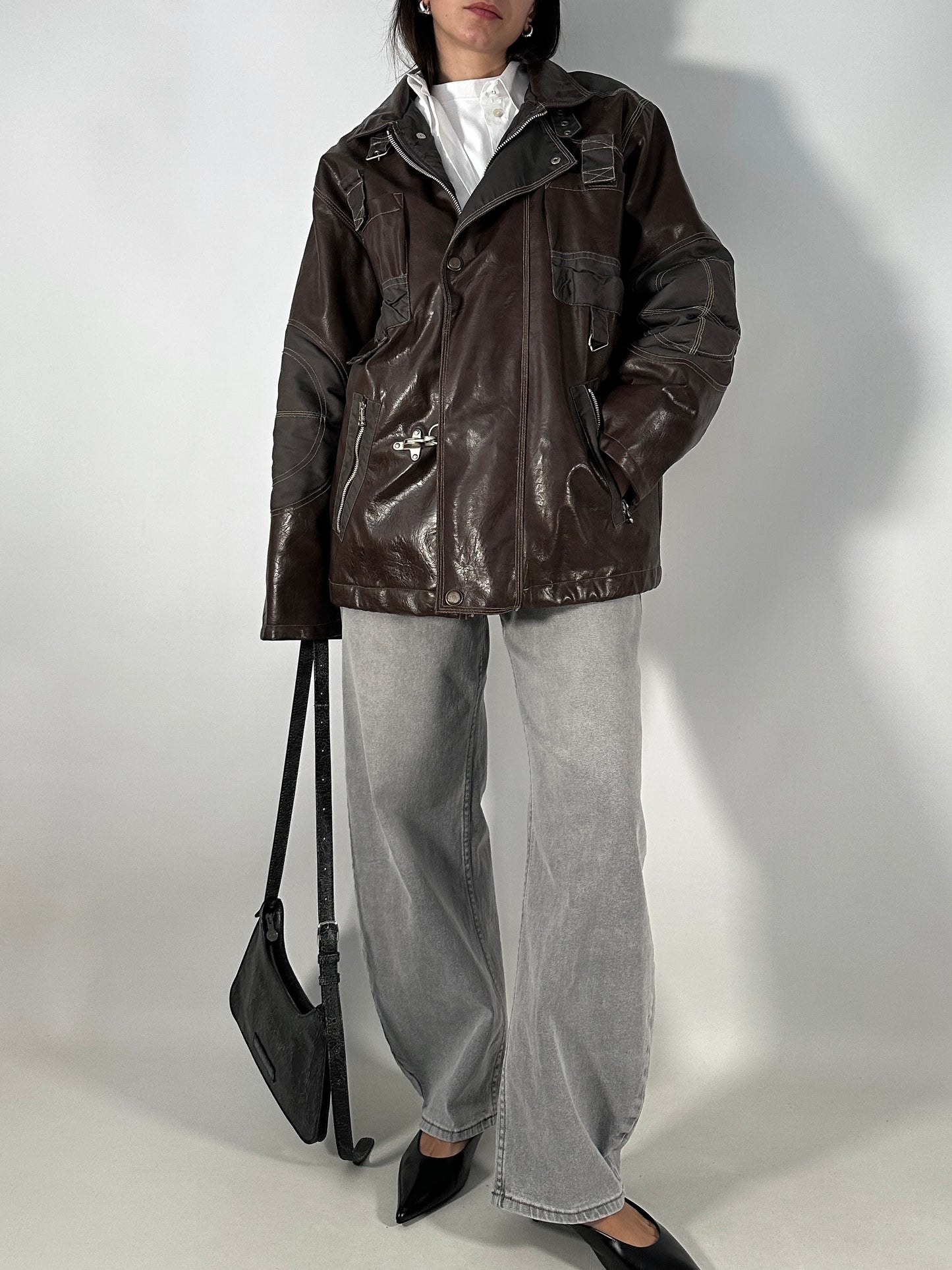 Vintage utility leather and nylon jacket