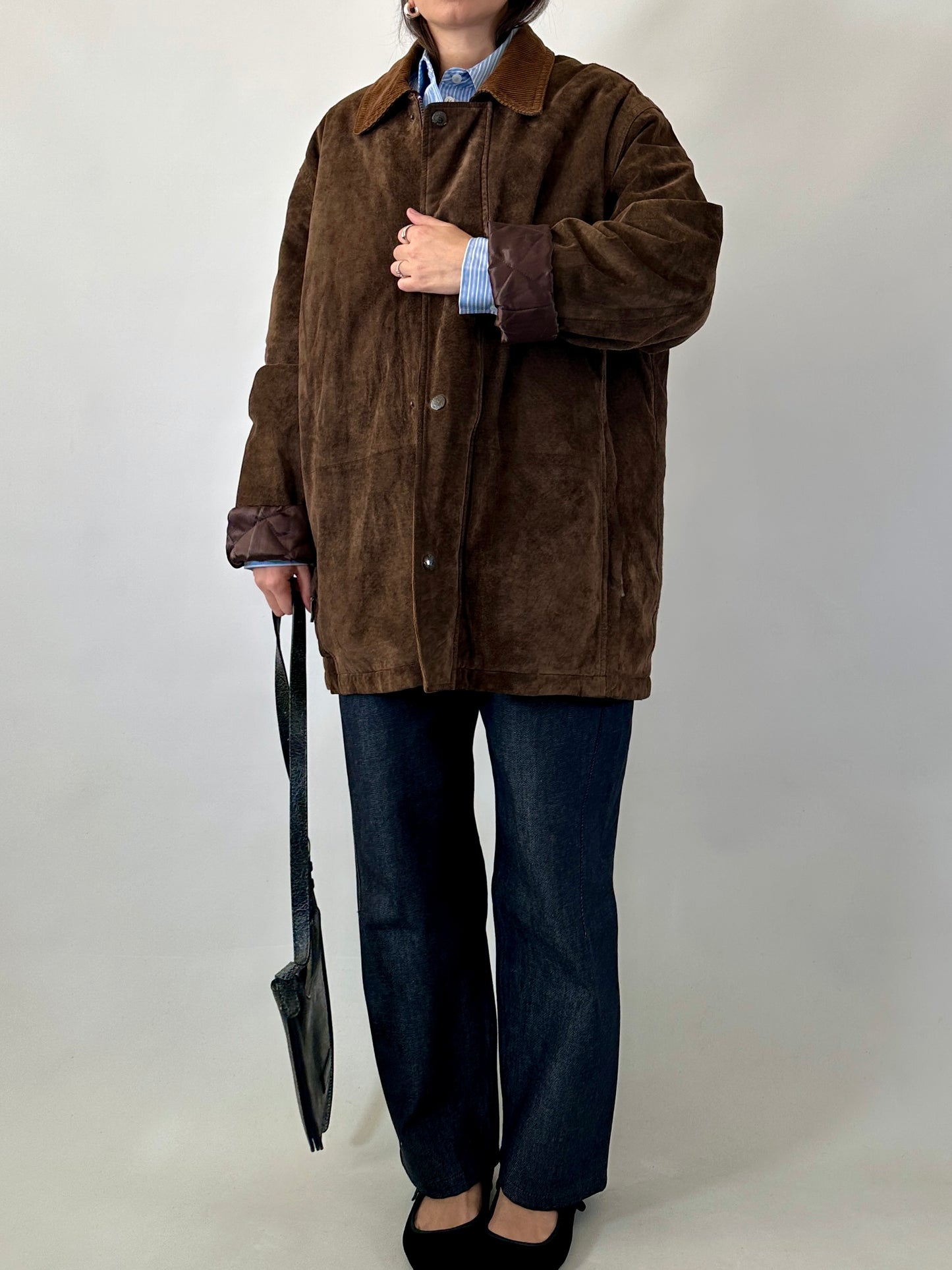 British-style suede jacket with corduroy collar