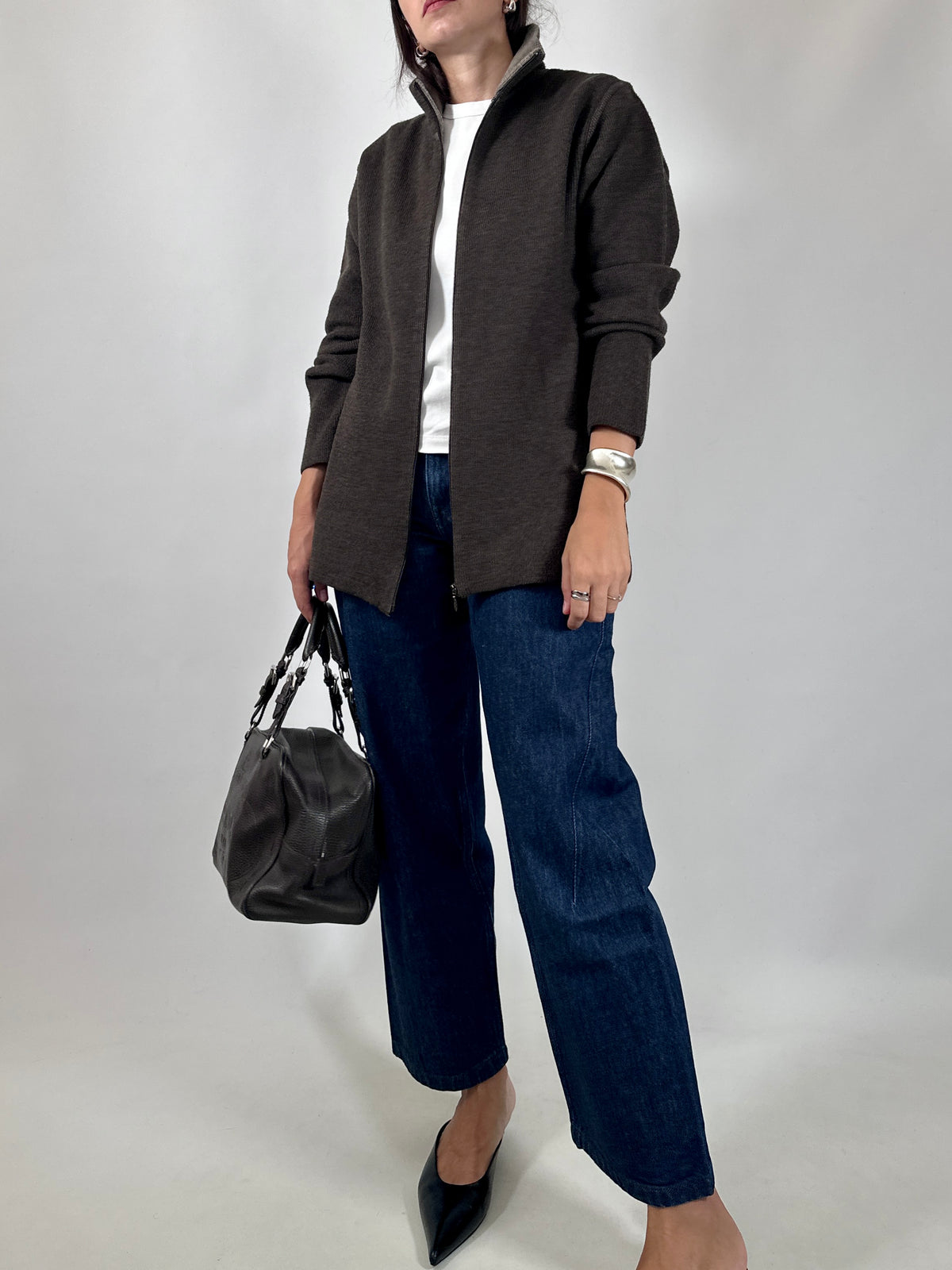 Brown Zip-Up Knit Cardigan