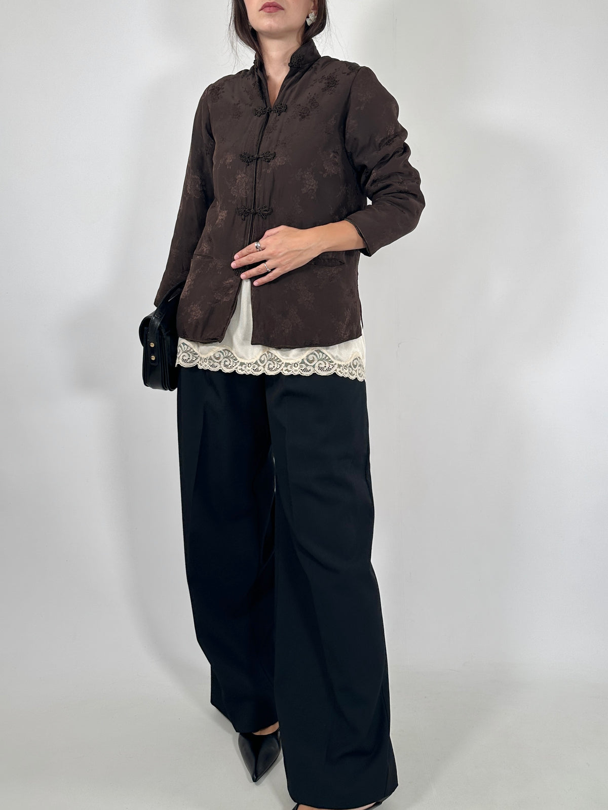 Brown Silk Jacquard Mandarin Jacket