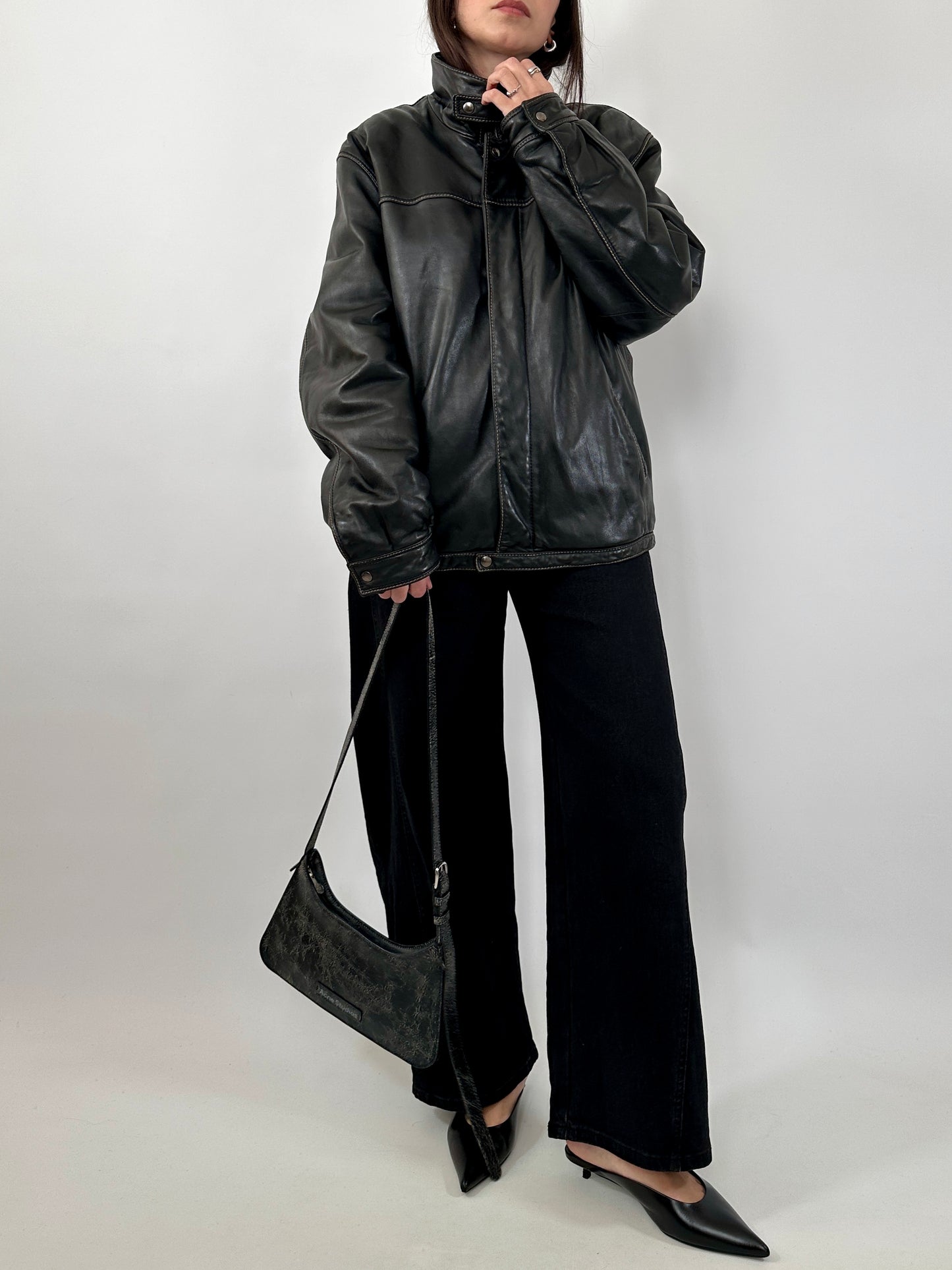 Vintage Leather Jacket with Stand Collar and Contrast Stitching