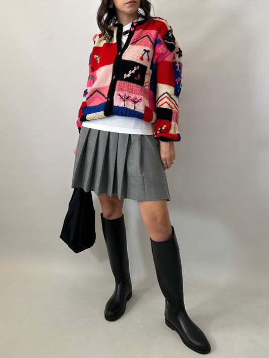 Colorful vintage hand-knitted patchwork cardigan