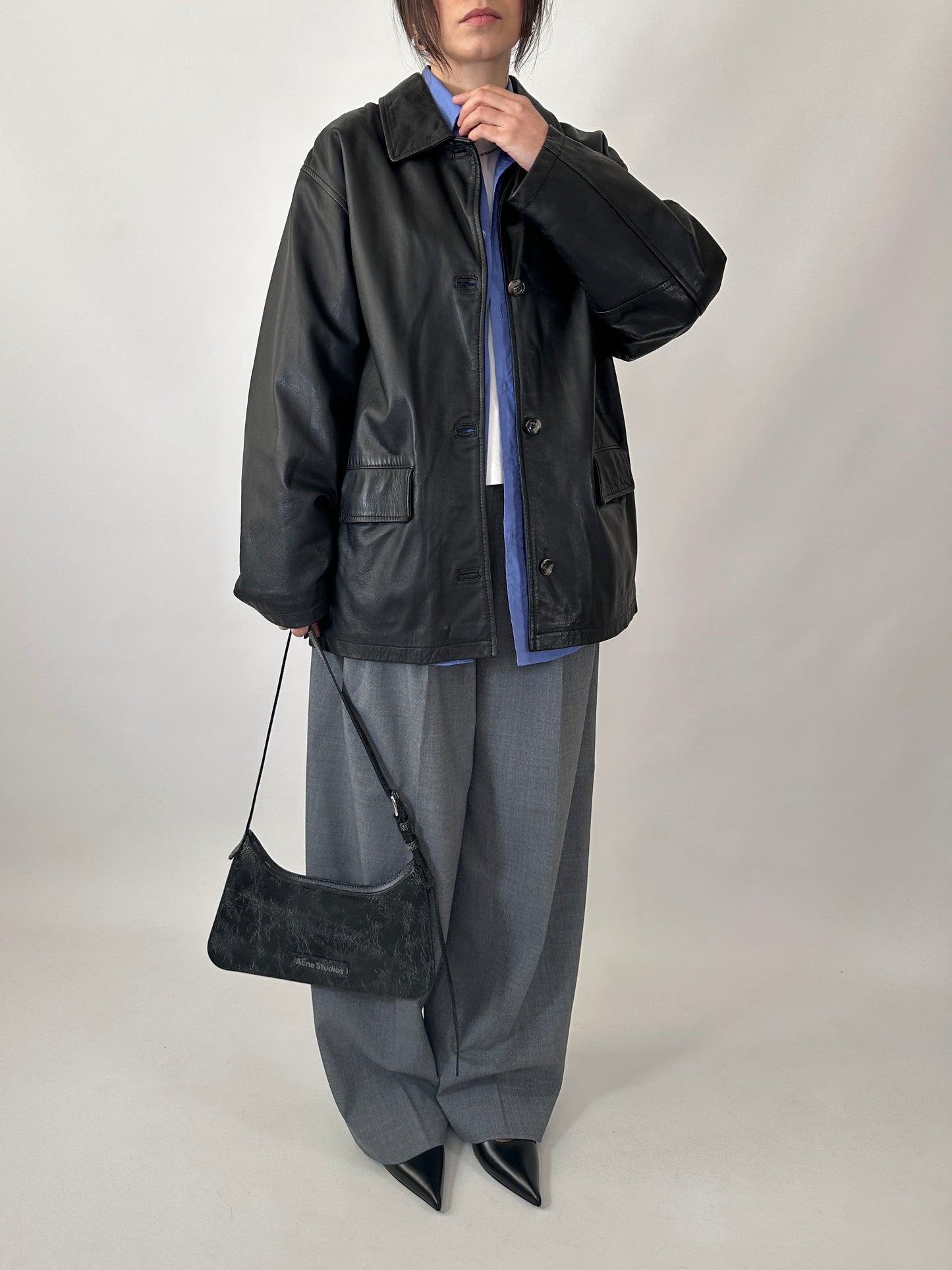 Boxy fit genuine leather jacket