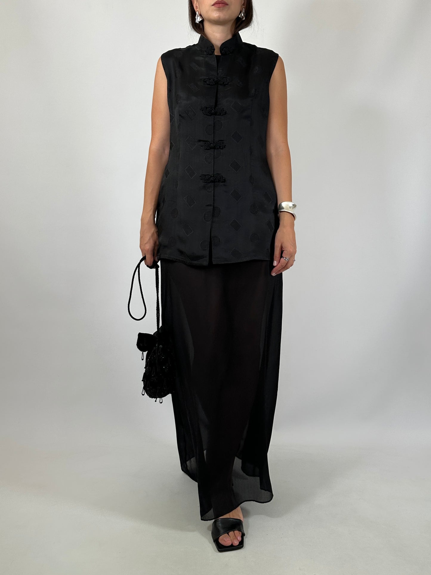 Black Silk Jacquard Frog Closure Blouse
