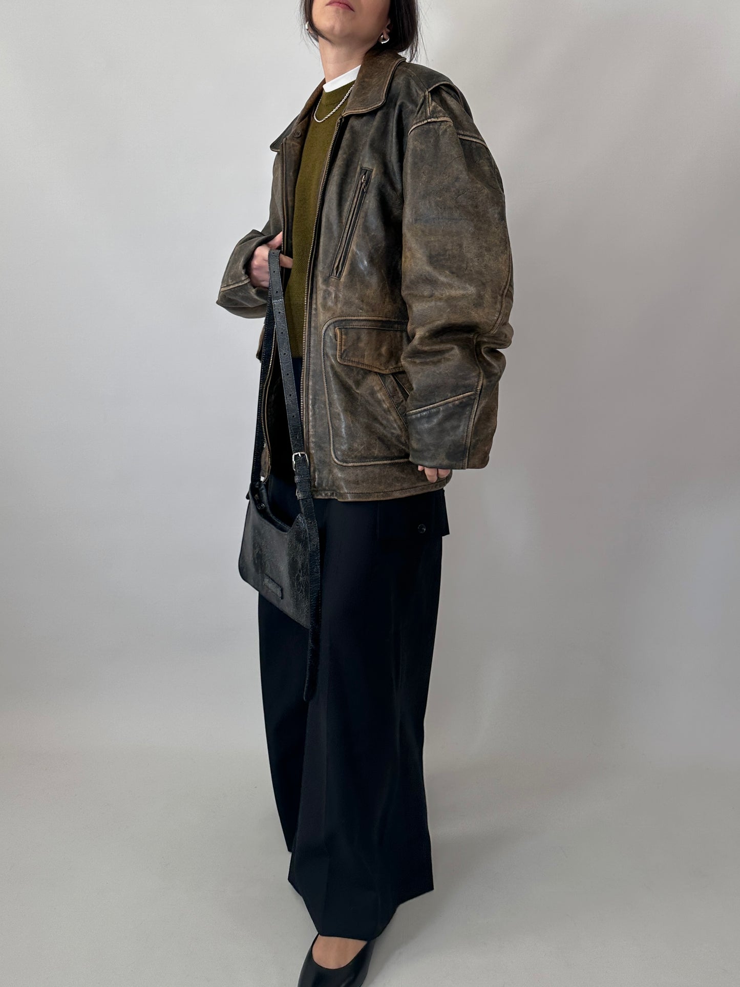 Oversized aviator jacket in distressed real leather