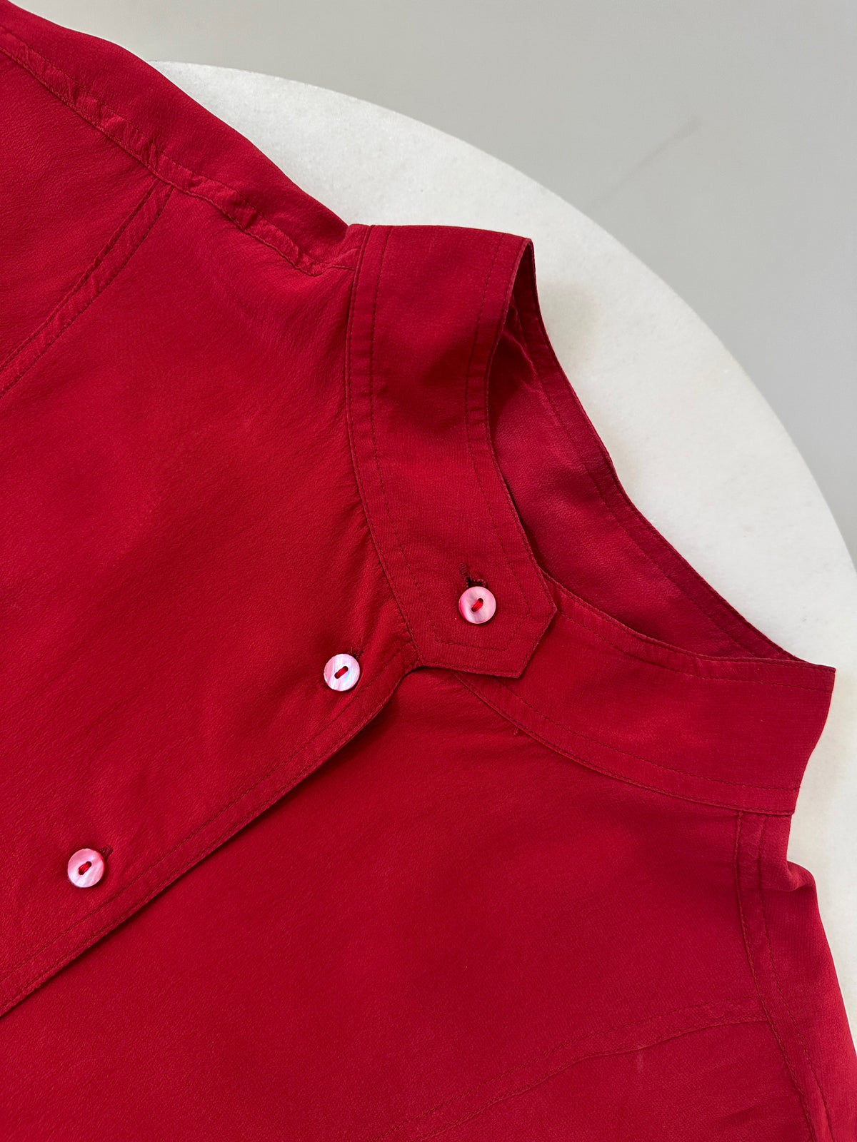 Red Silk Mandarin Collar Shirt