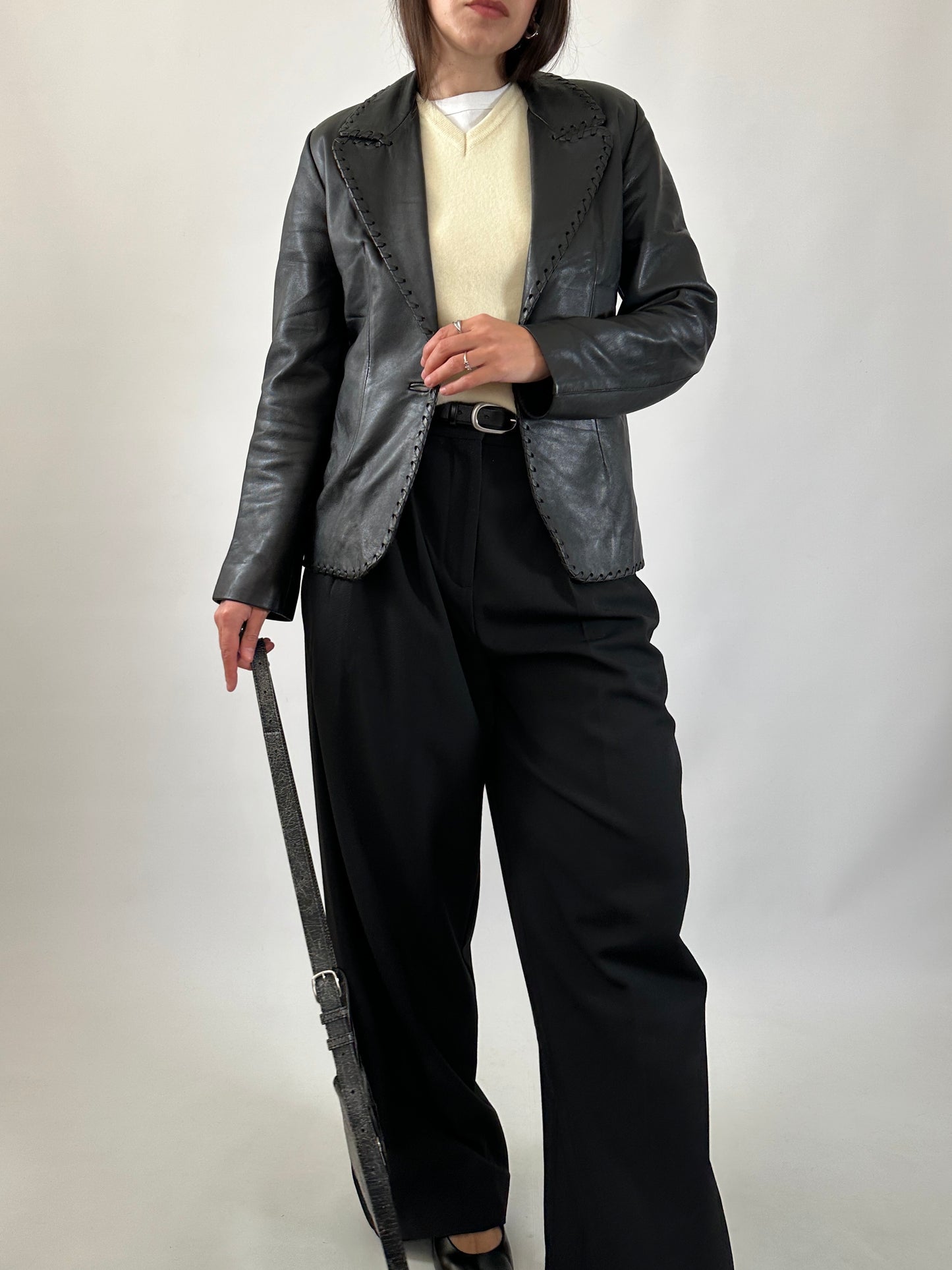 Vintage Stitched Slim Leather Blazer