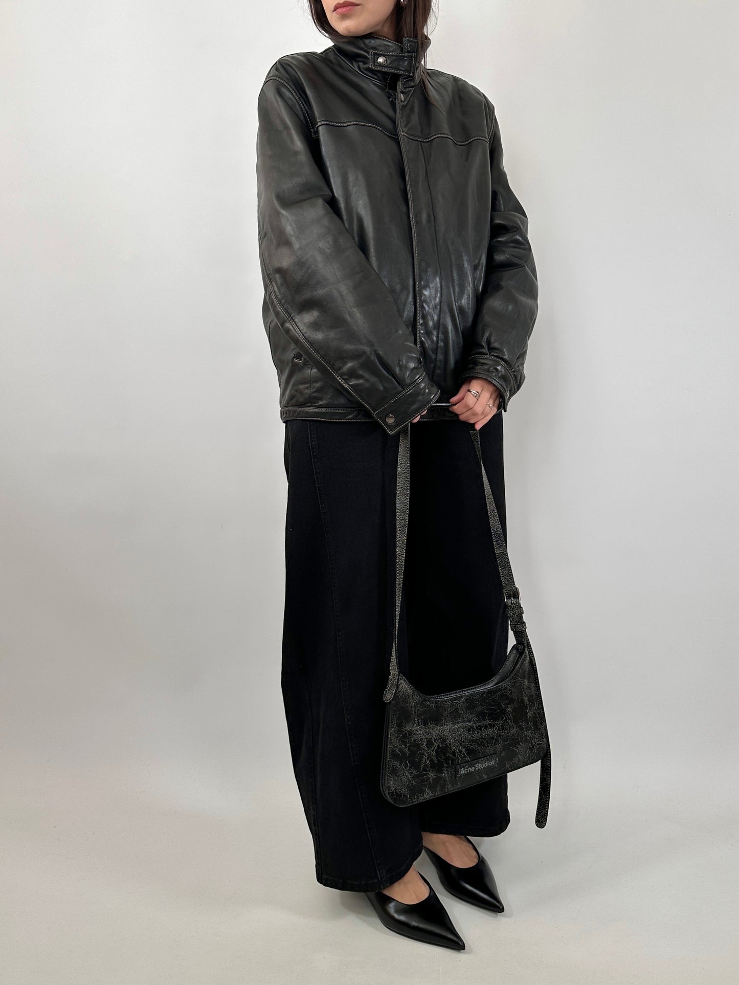 Vintage Leather Jacket with Stand Collar and Contrast Stitching