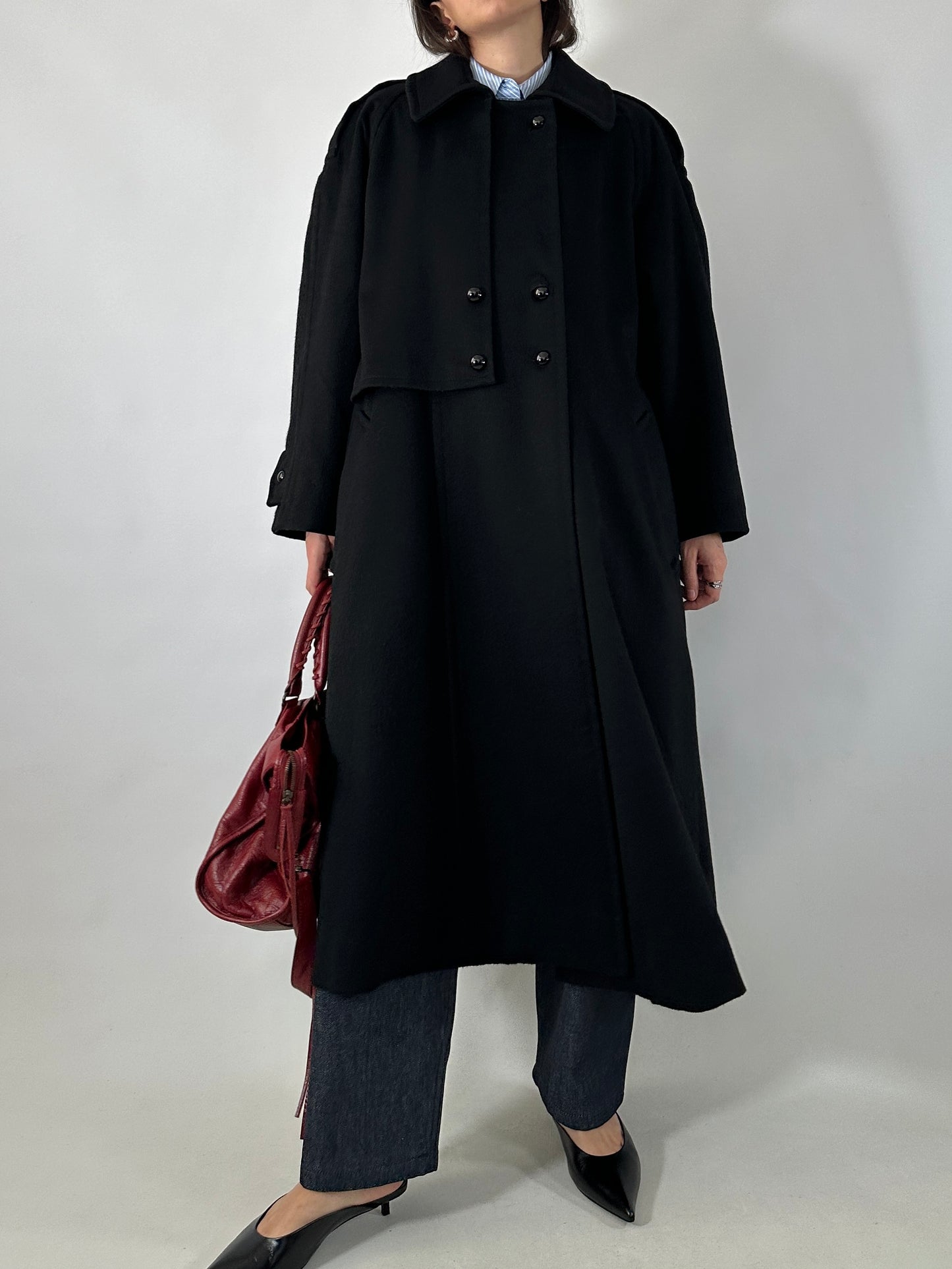 Vintage black wool coat with cape detail