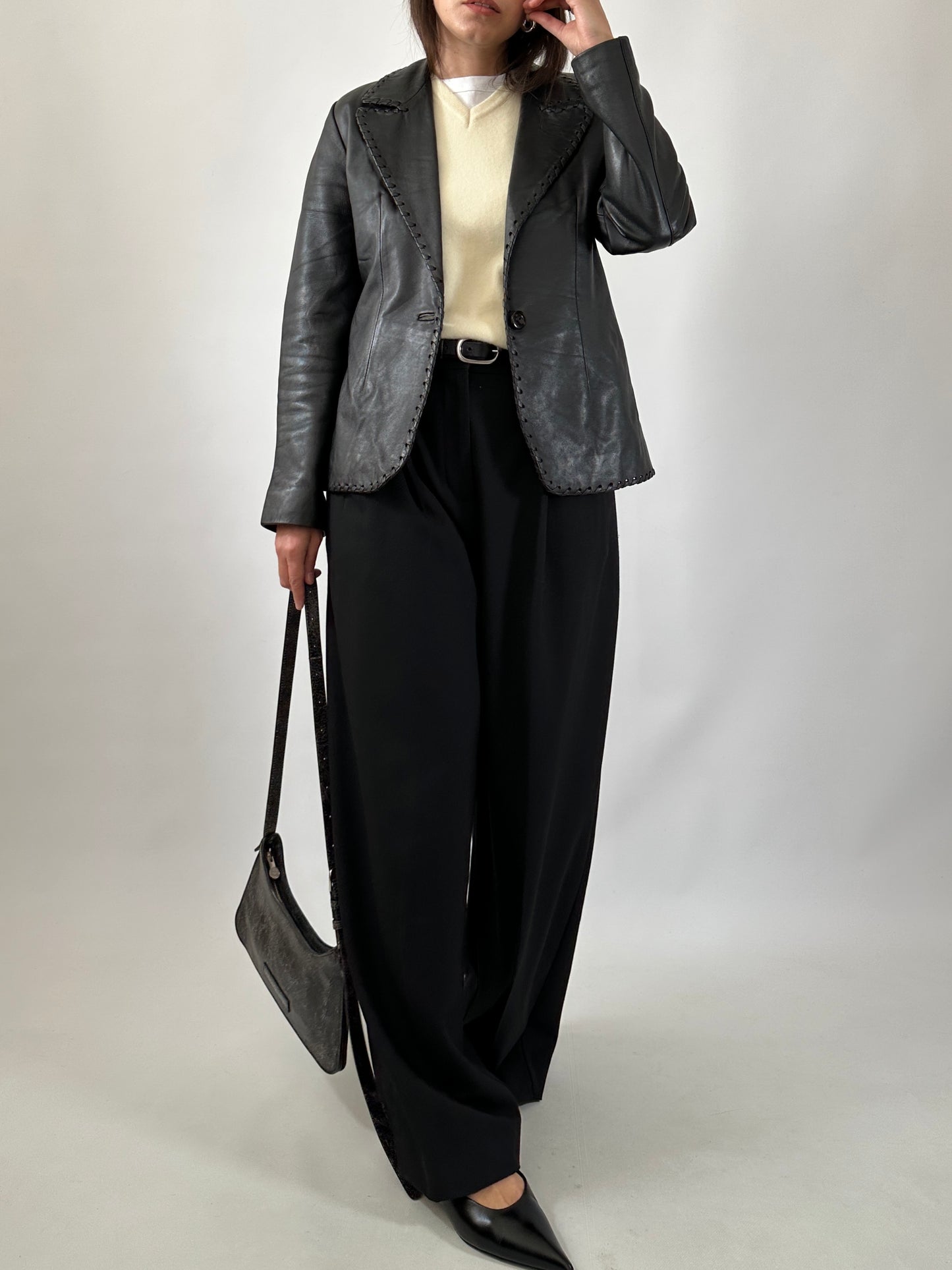 Vintage Stitched Slim Leather Blazer
