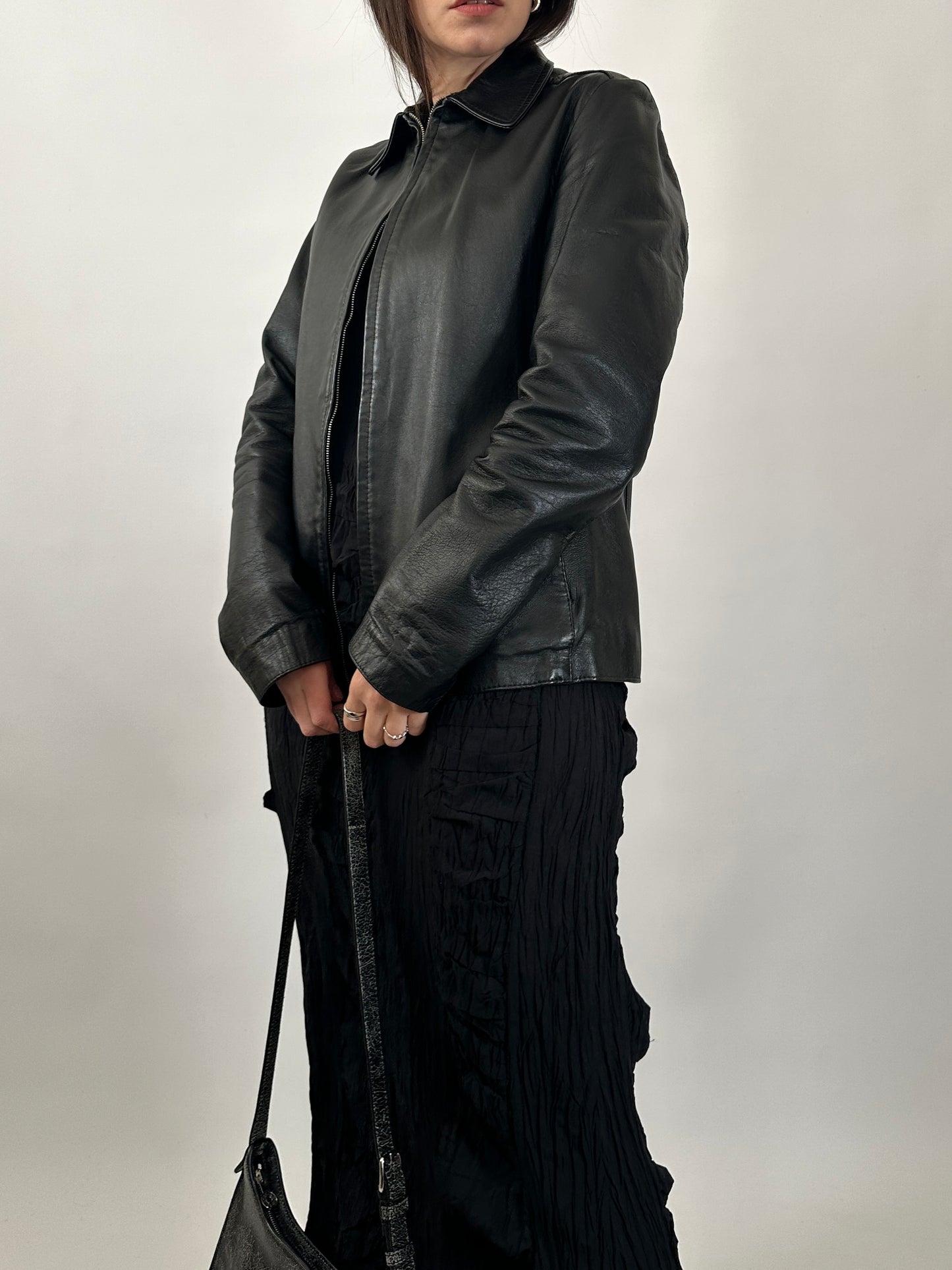 Minimal Black Leather Zip-Up Jacket