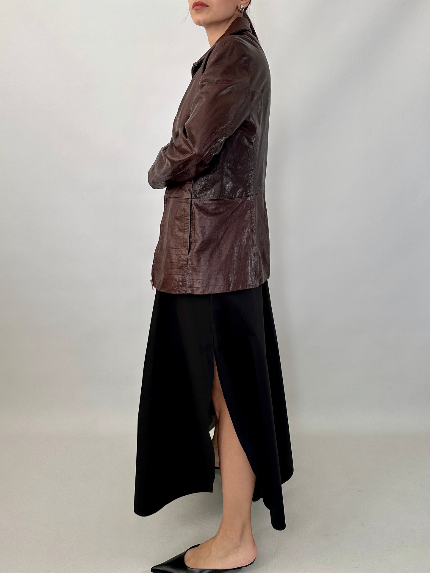 Brown croc-print genuine leather jacket