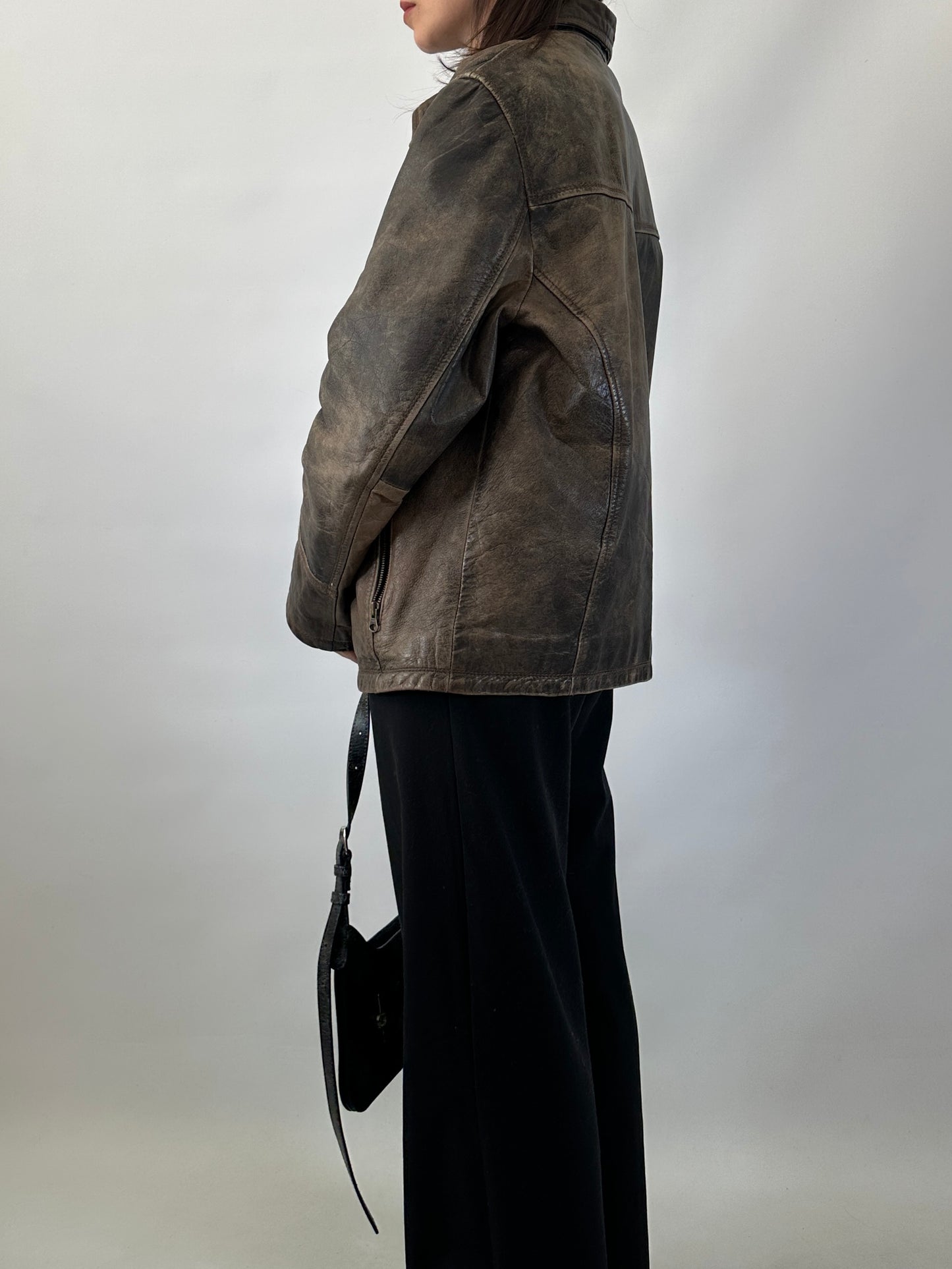 Distressed effect real leather jacket