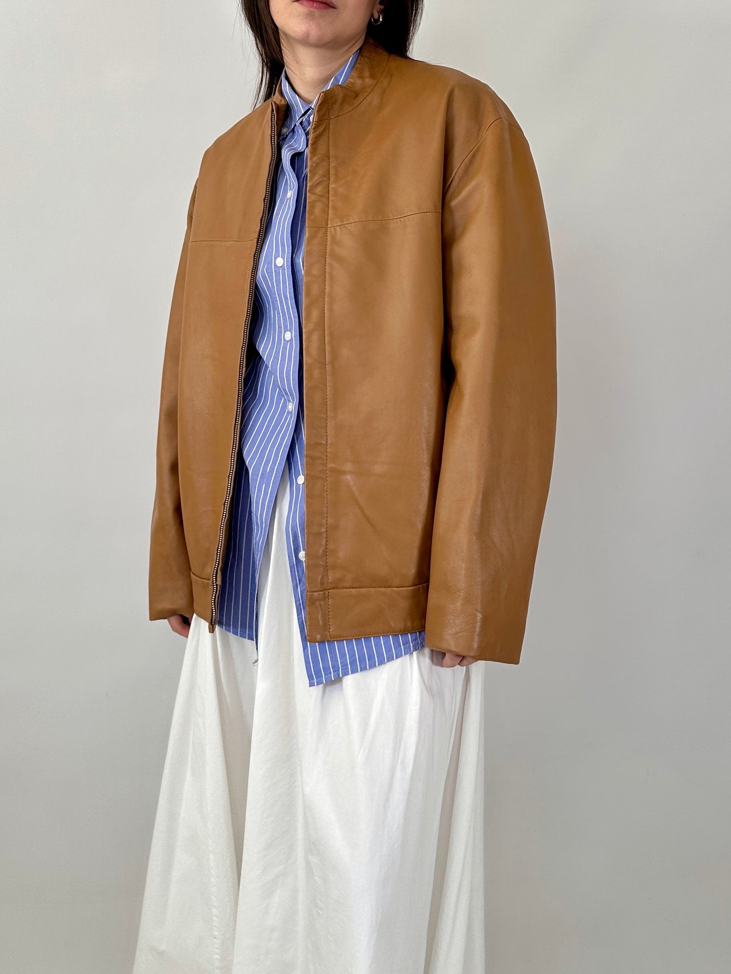 Biscuit oversized leather jacket