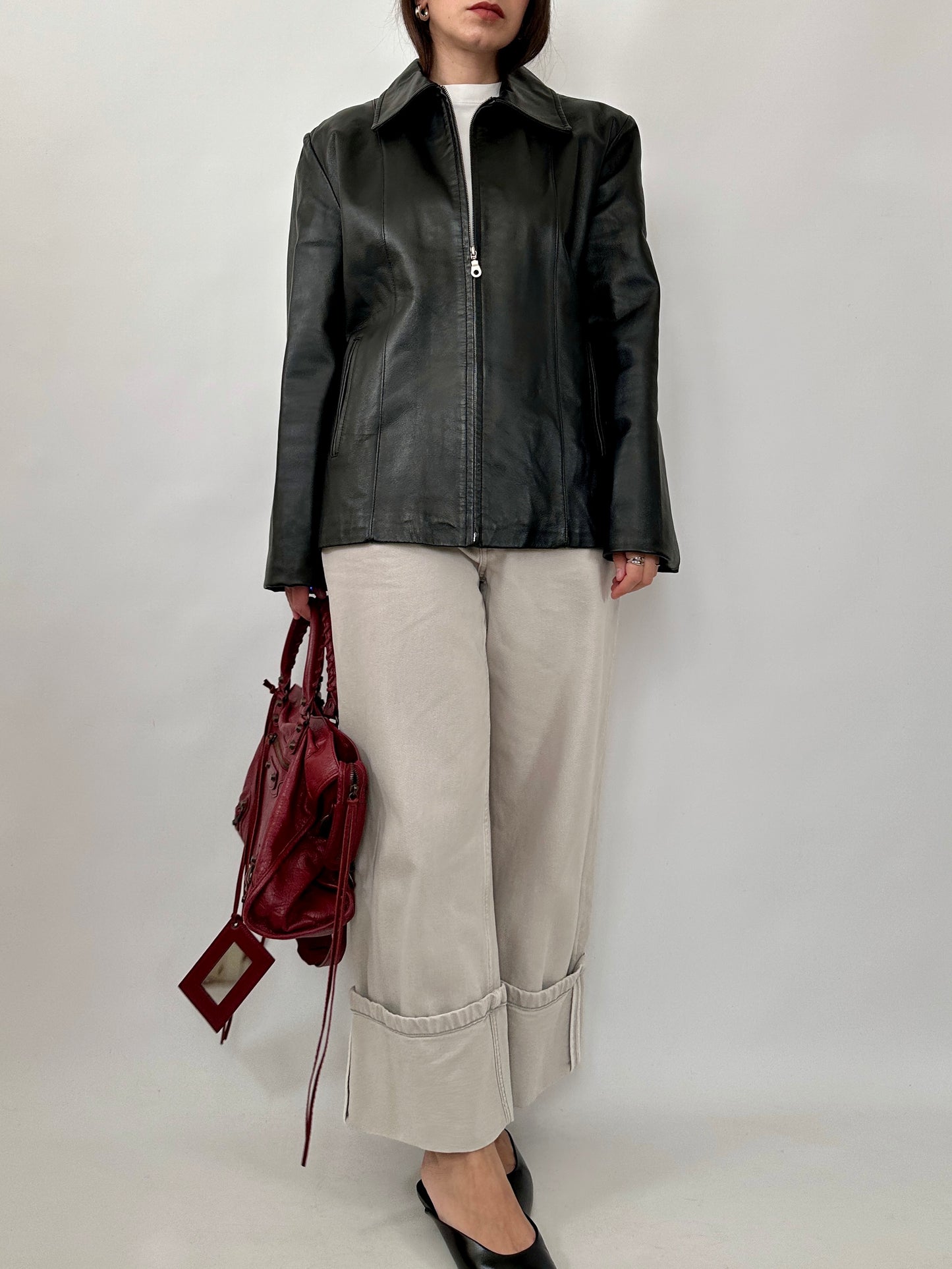 Minimal Black Leather Zip Jacket
