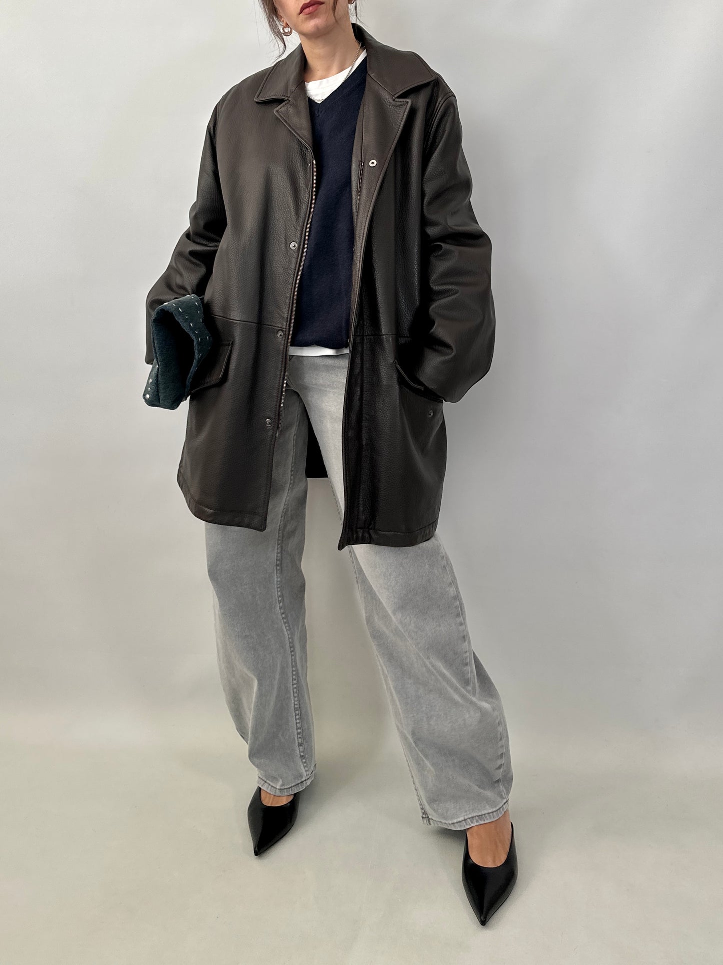 Grained lamb leather brown coat