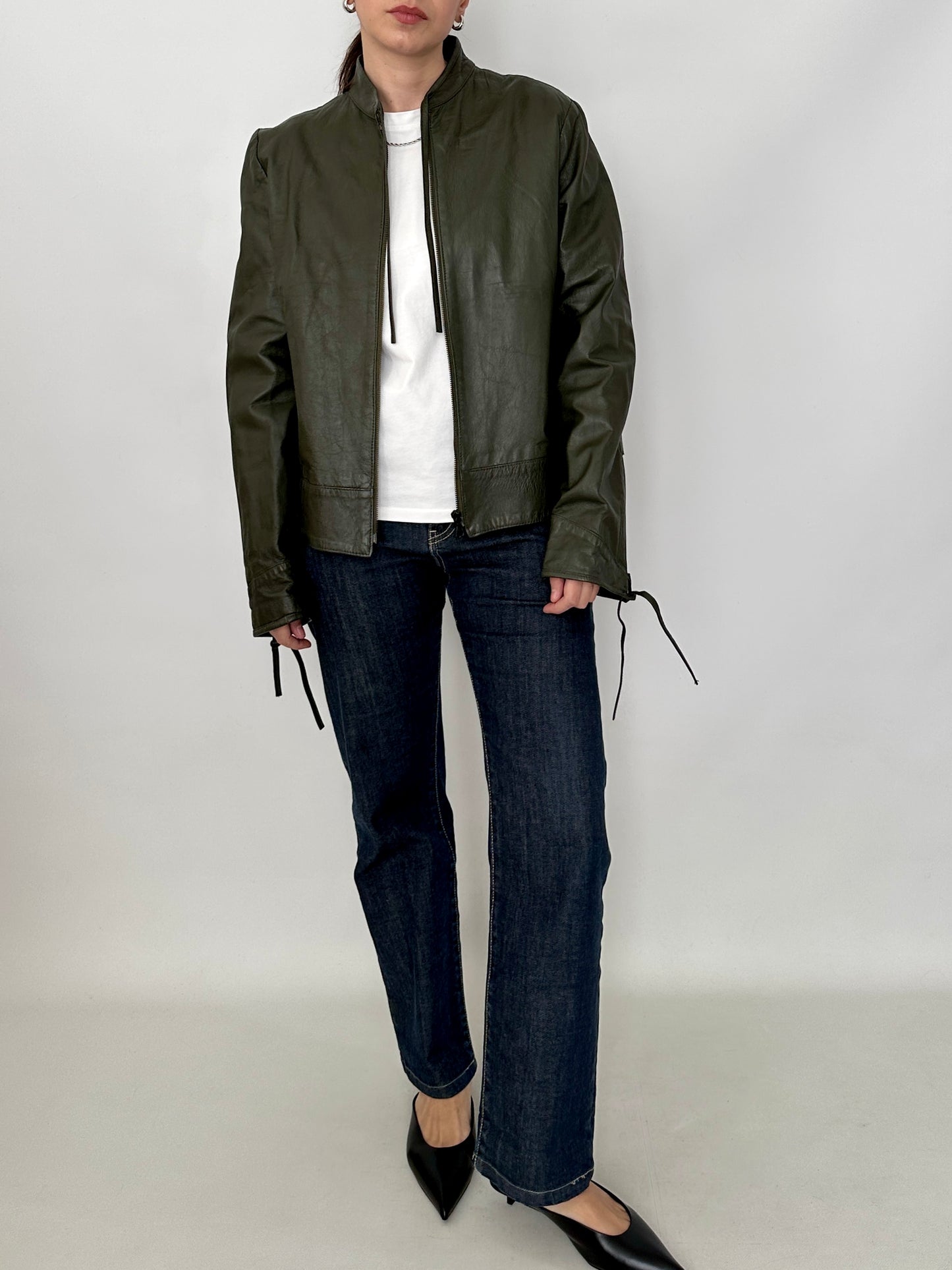 Bow detail vintage green leather jacket