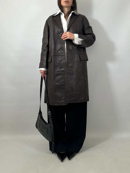 90s Brown Leather Long Jacket