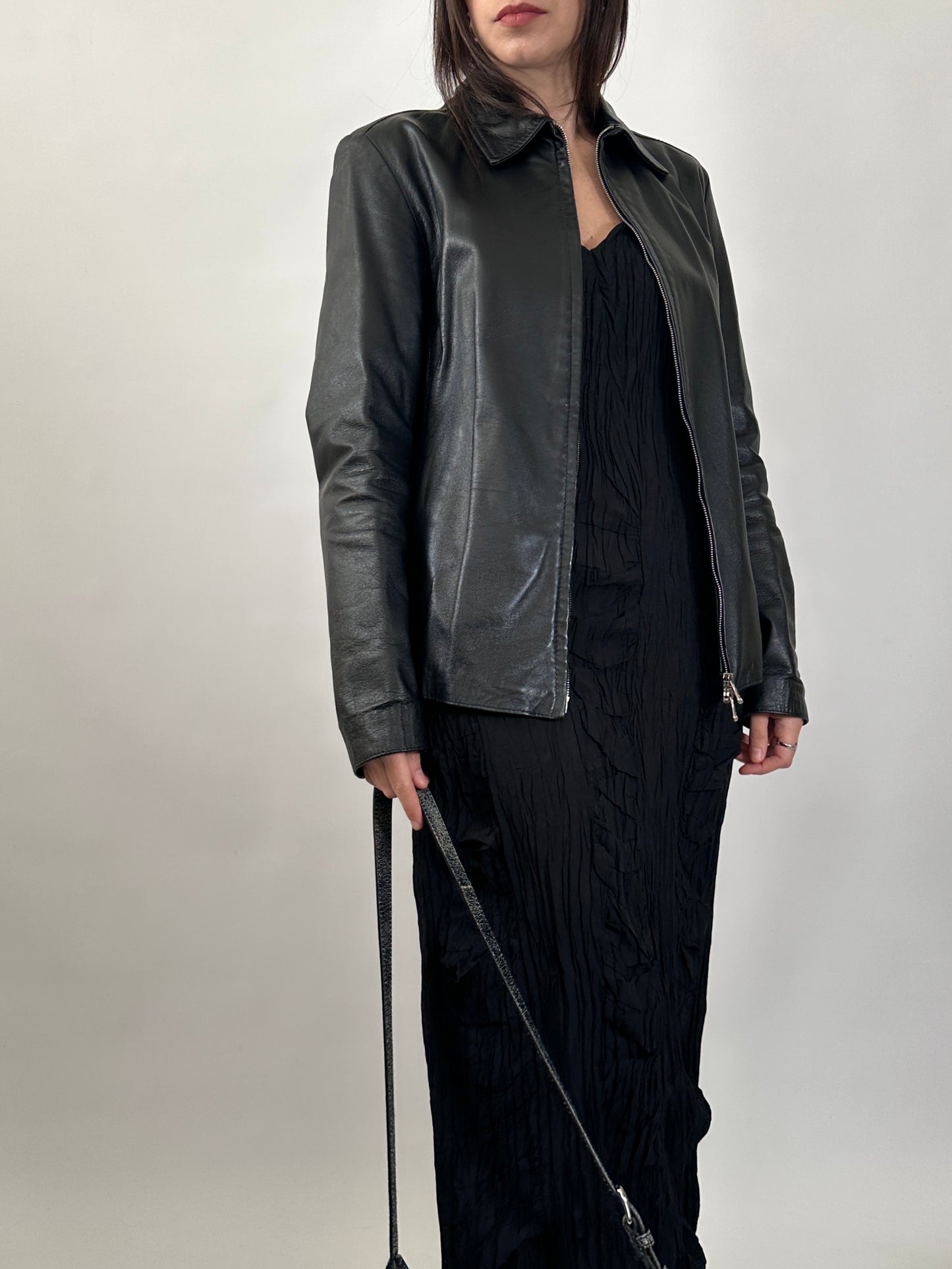 Minimal Black Leather Zip-Up Jacket
