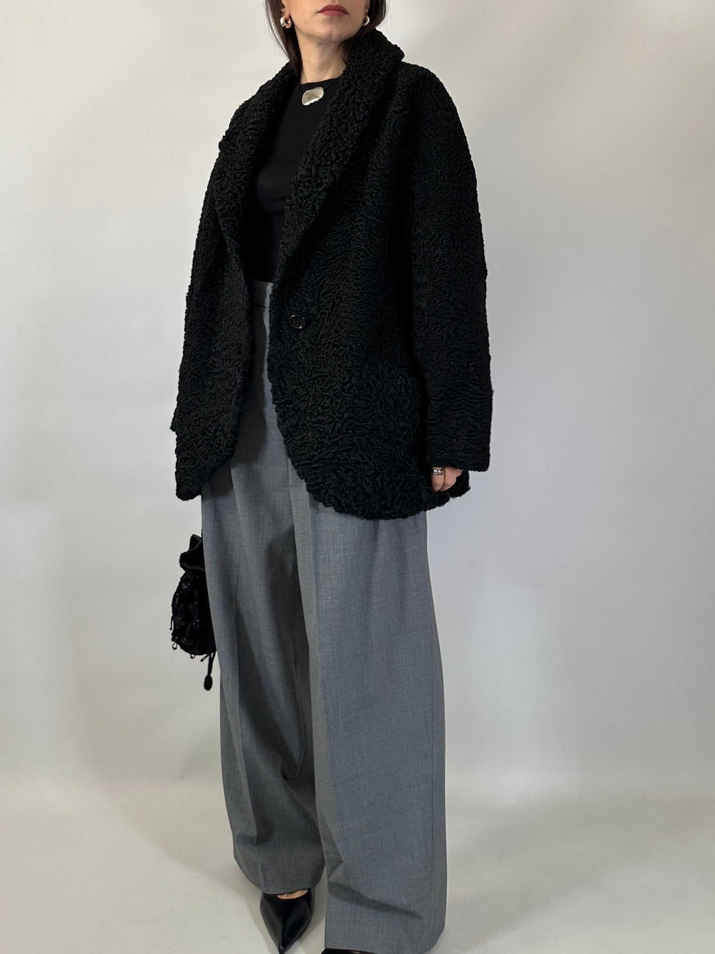 Vintage Black Astrakhan Caban Coat