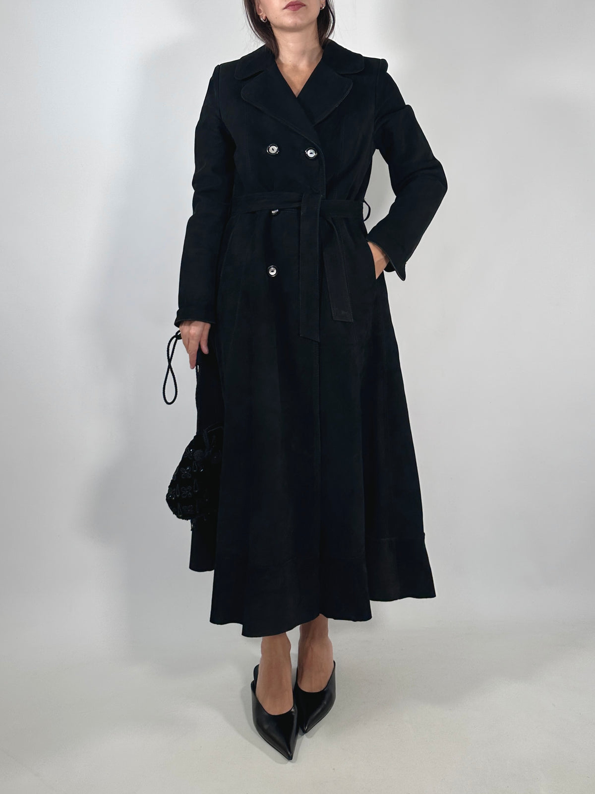 Suede Leather Belted Trench Coat