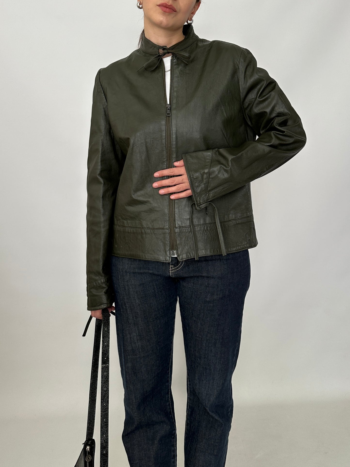 Bow detail vintage green leather jacket