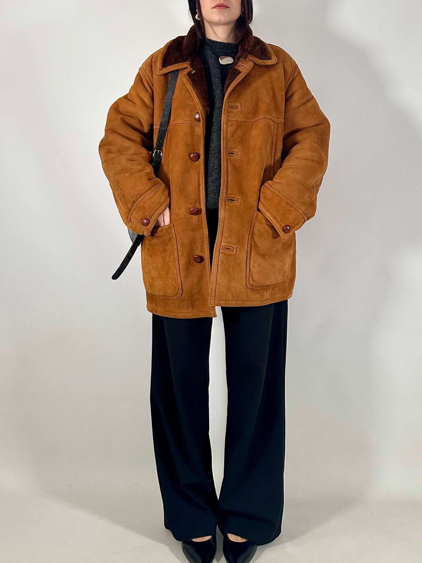 Vintage shearling coat in soft suede leather