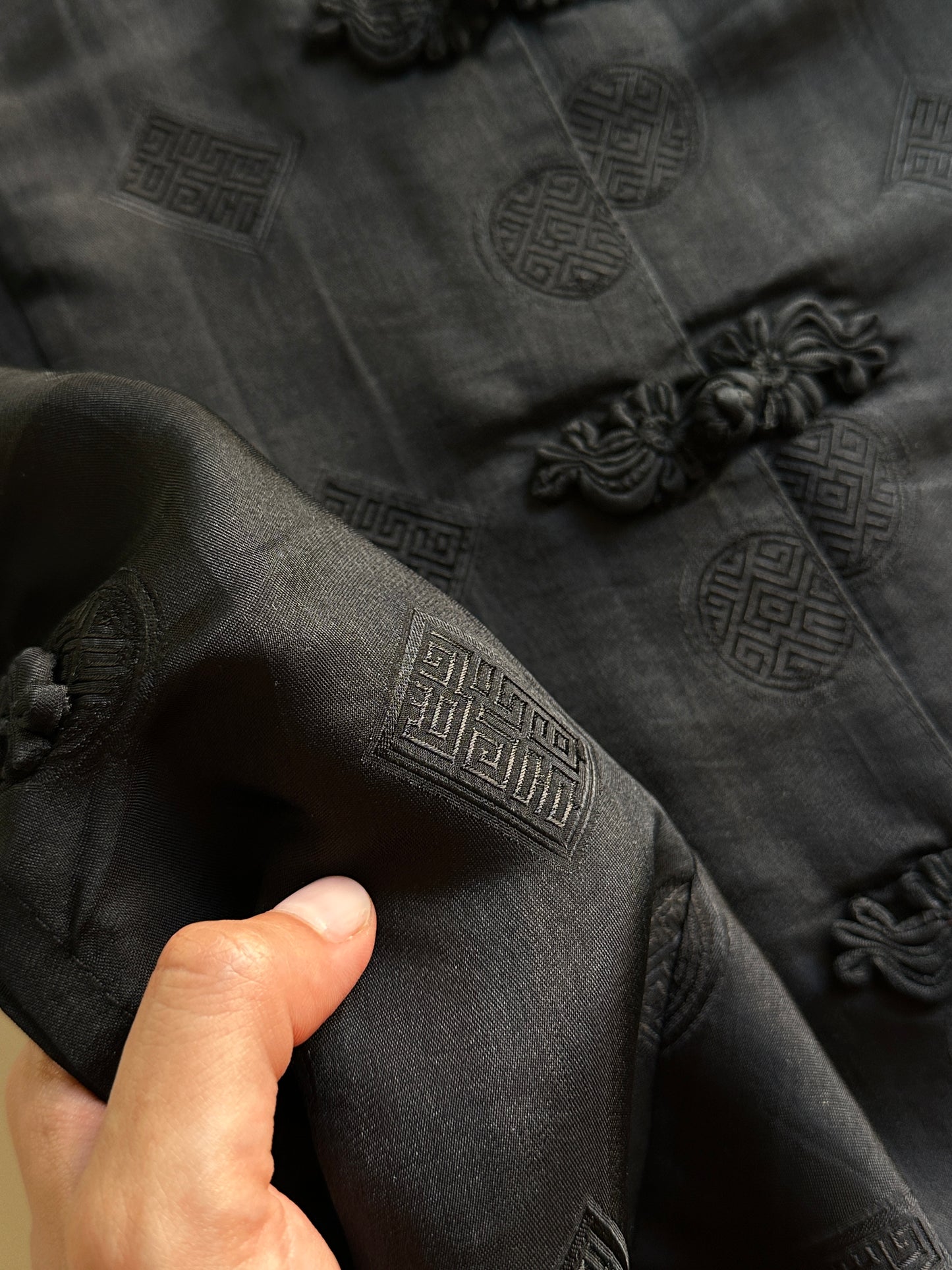 Black Silk Jacquard Frog Closure Blouse