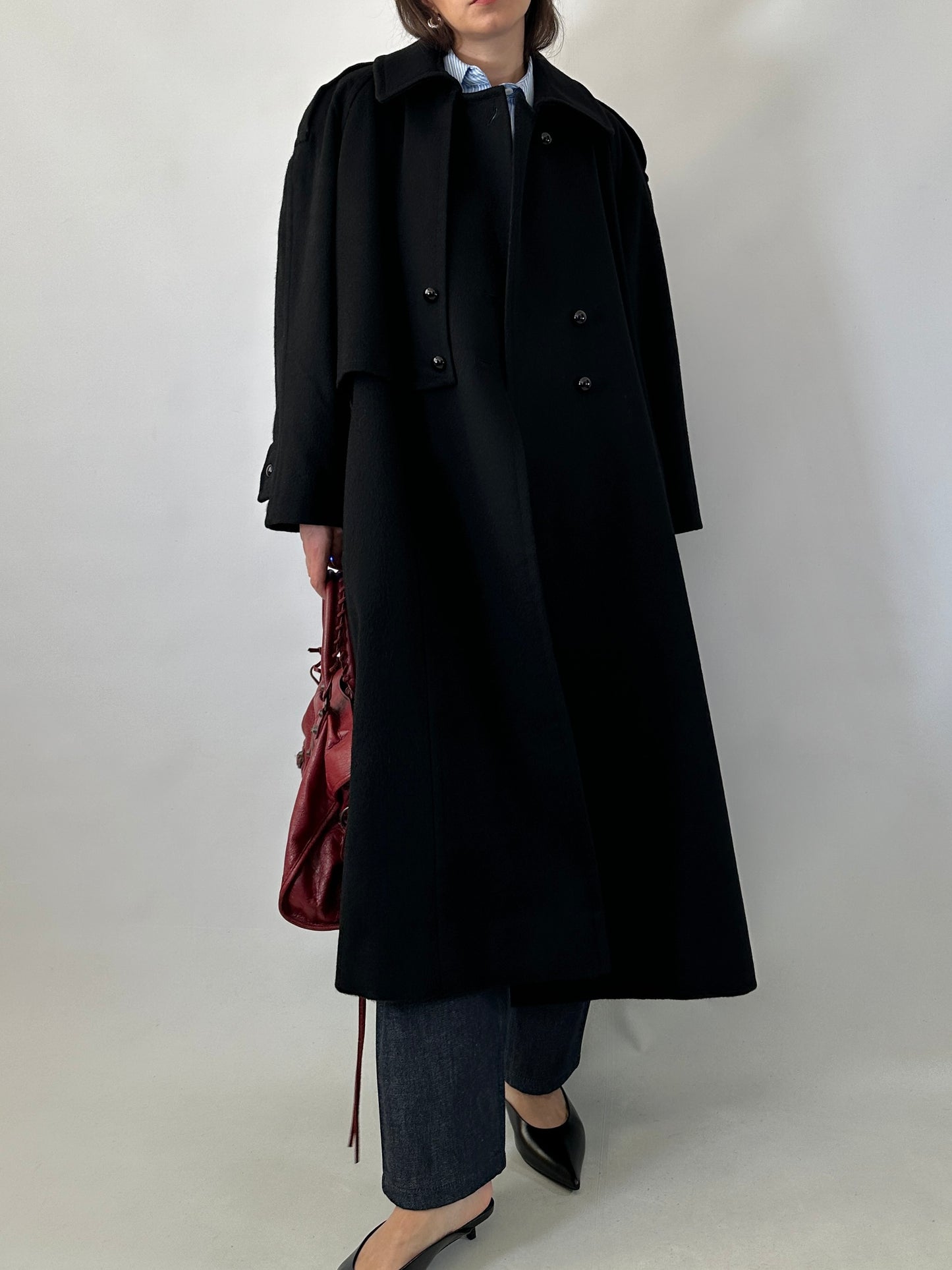 Vintage black wool coat with cape detail