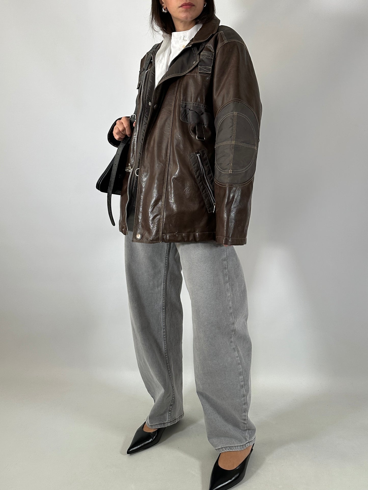 Vintage utility leather and nylon jacket