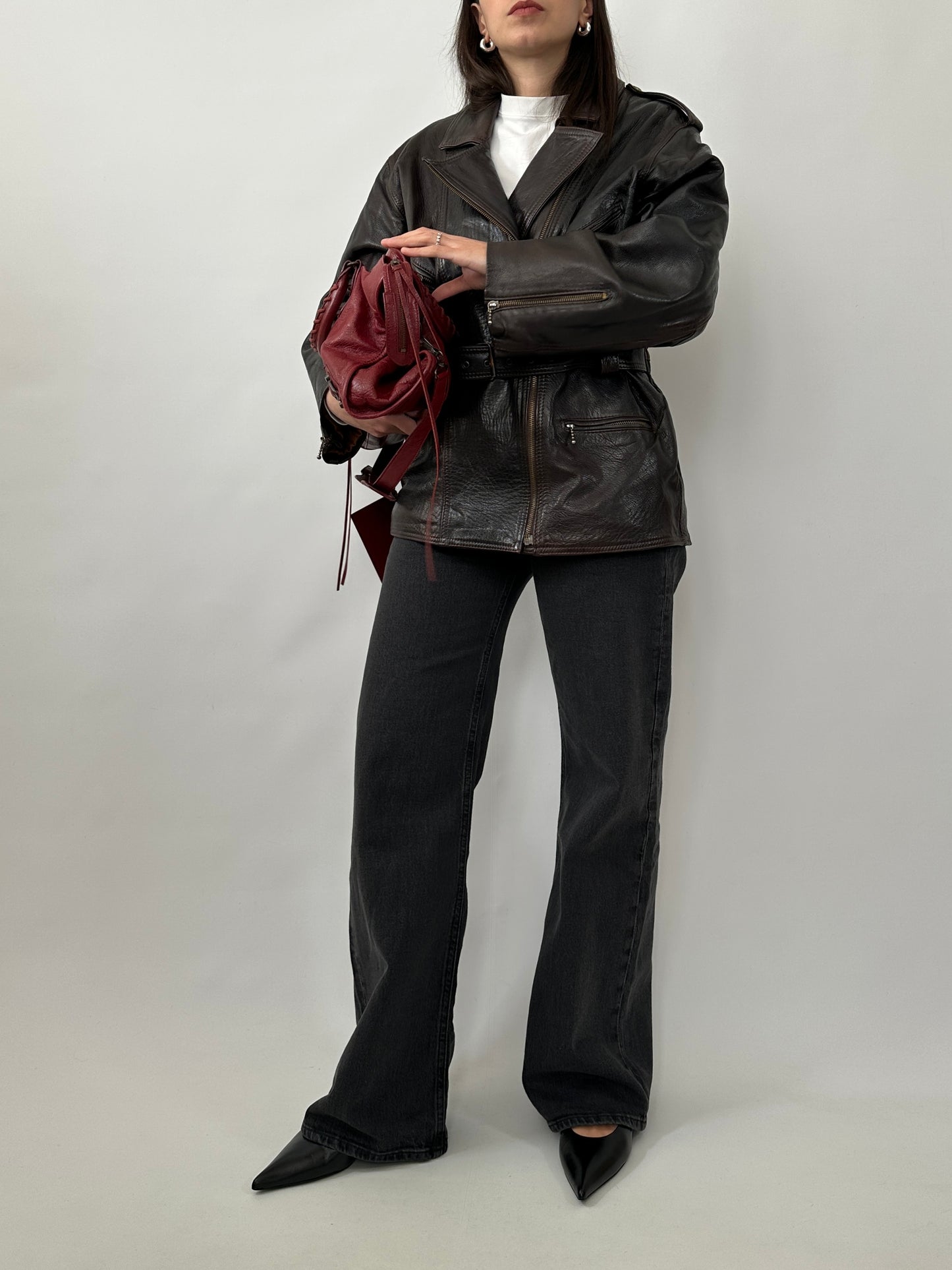 Vintage Dark Brown Leather Belted Jacket