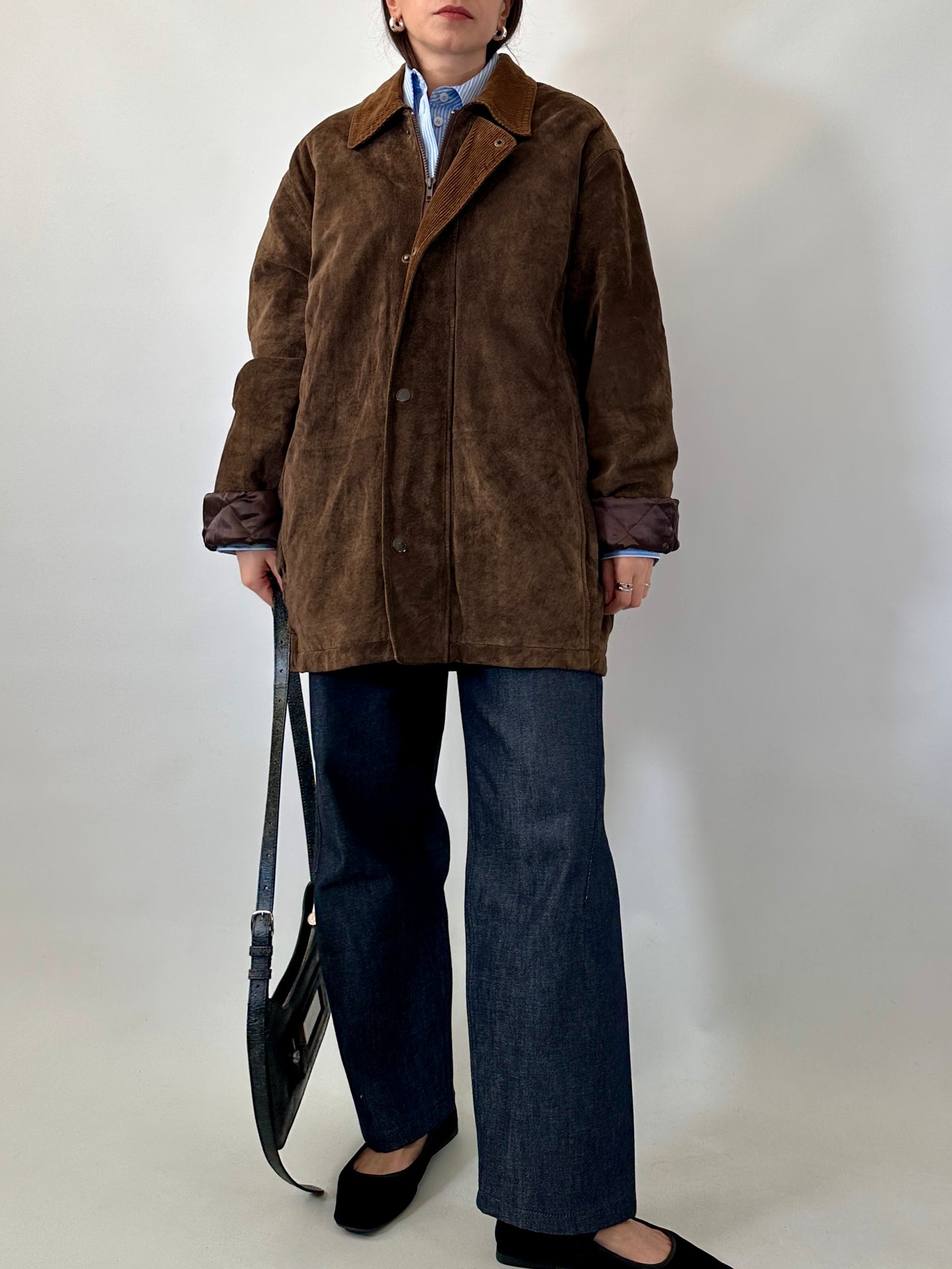 British-style suede jacket with corduroy collar