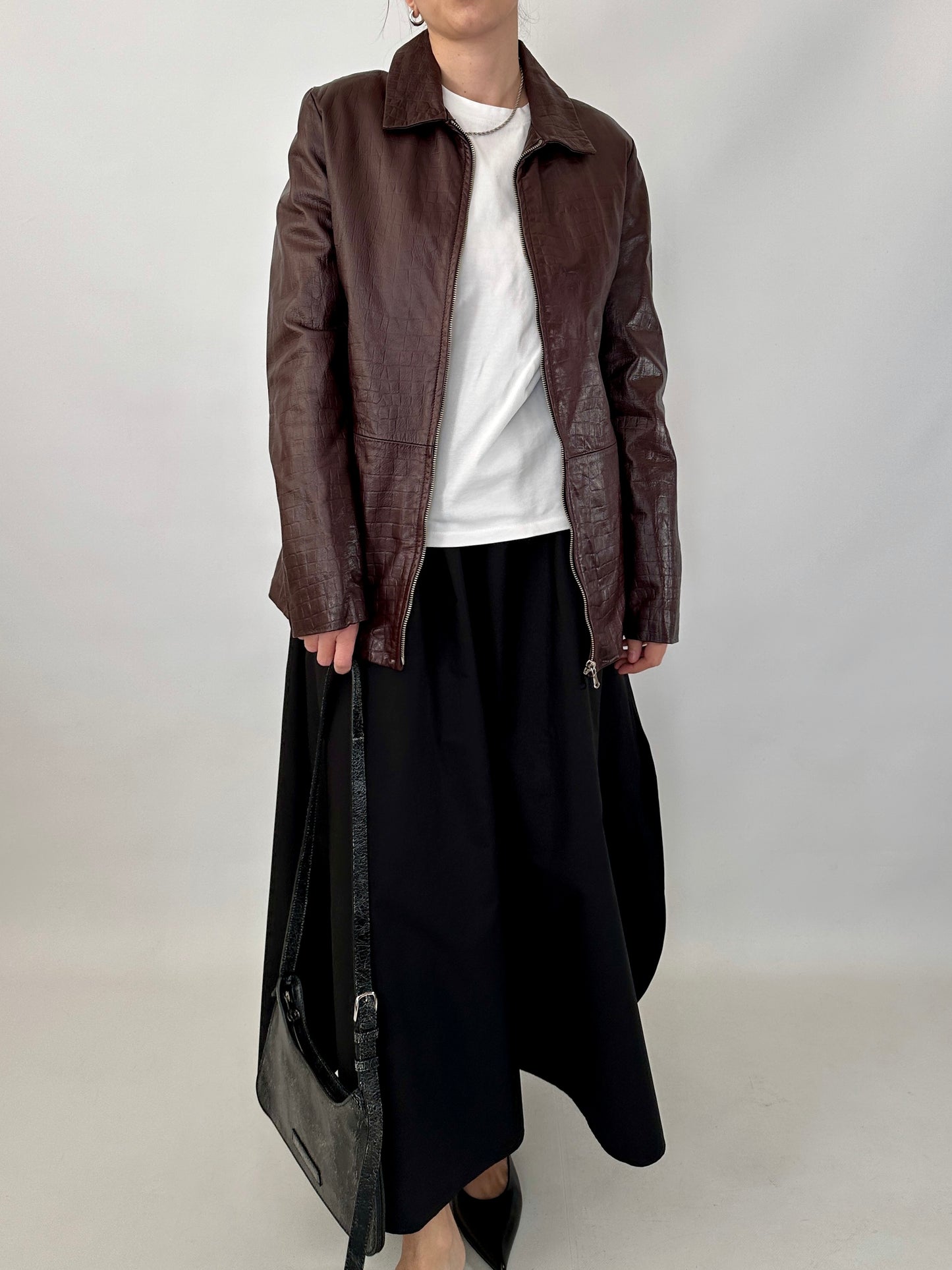 Brown croc-print genuine leather jacket