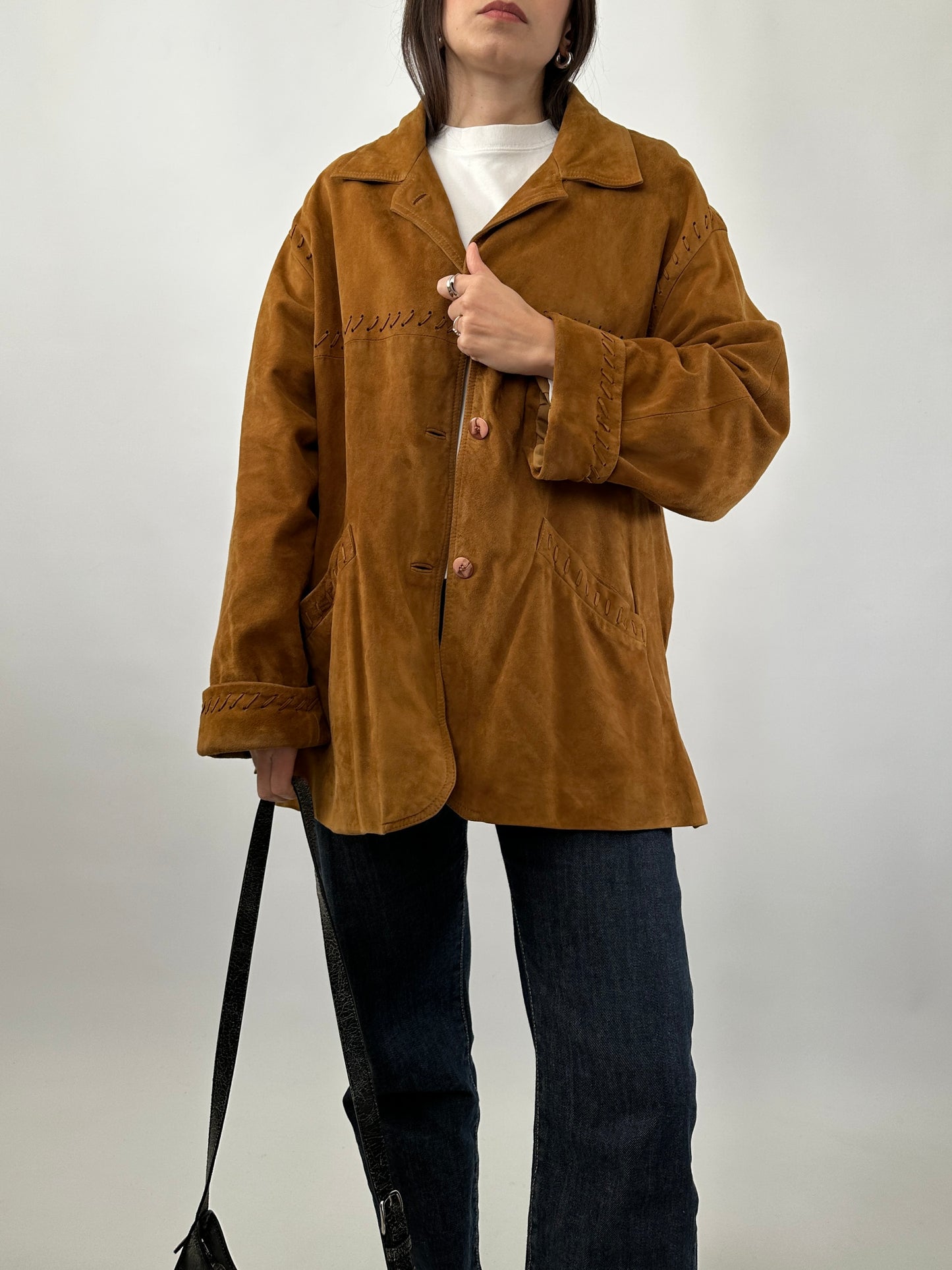 Vintage Suede Jacket with Cross-Stitch Details