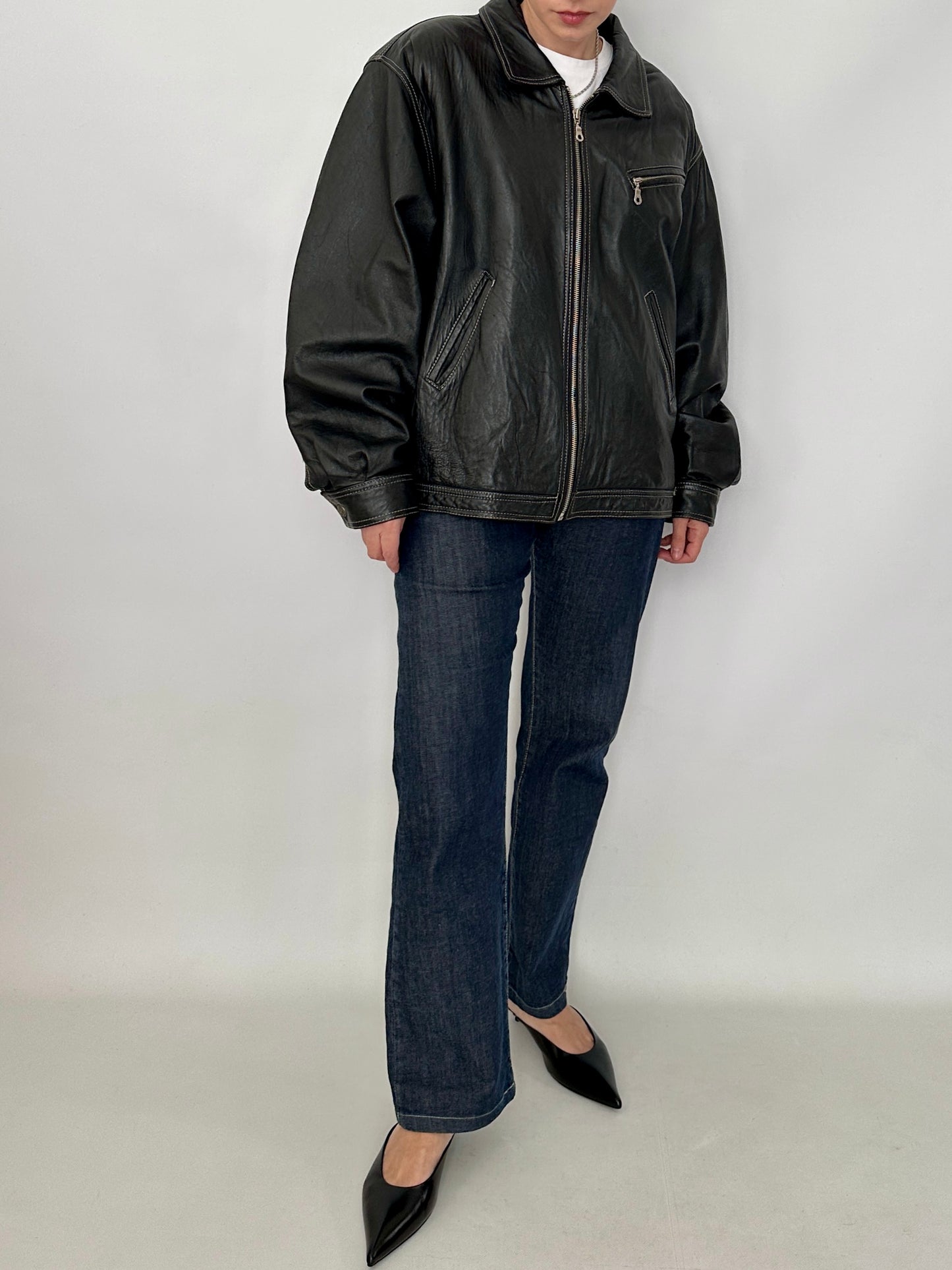 Genuine leather harrington jacket with contrast stitching