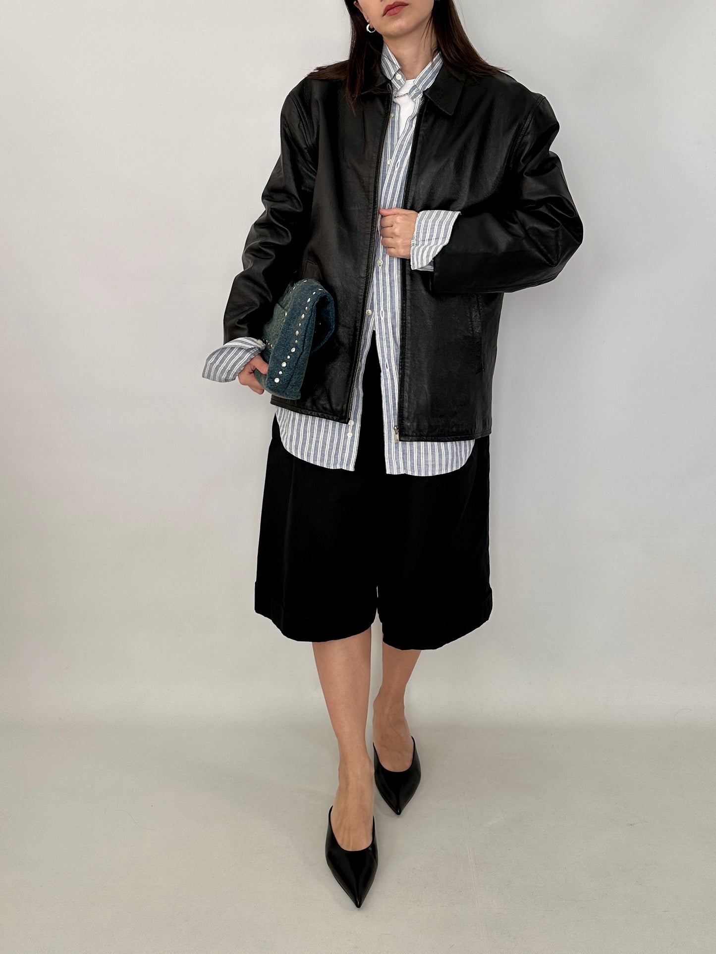 Relaxed fit leather zipped jacket